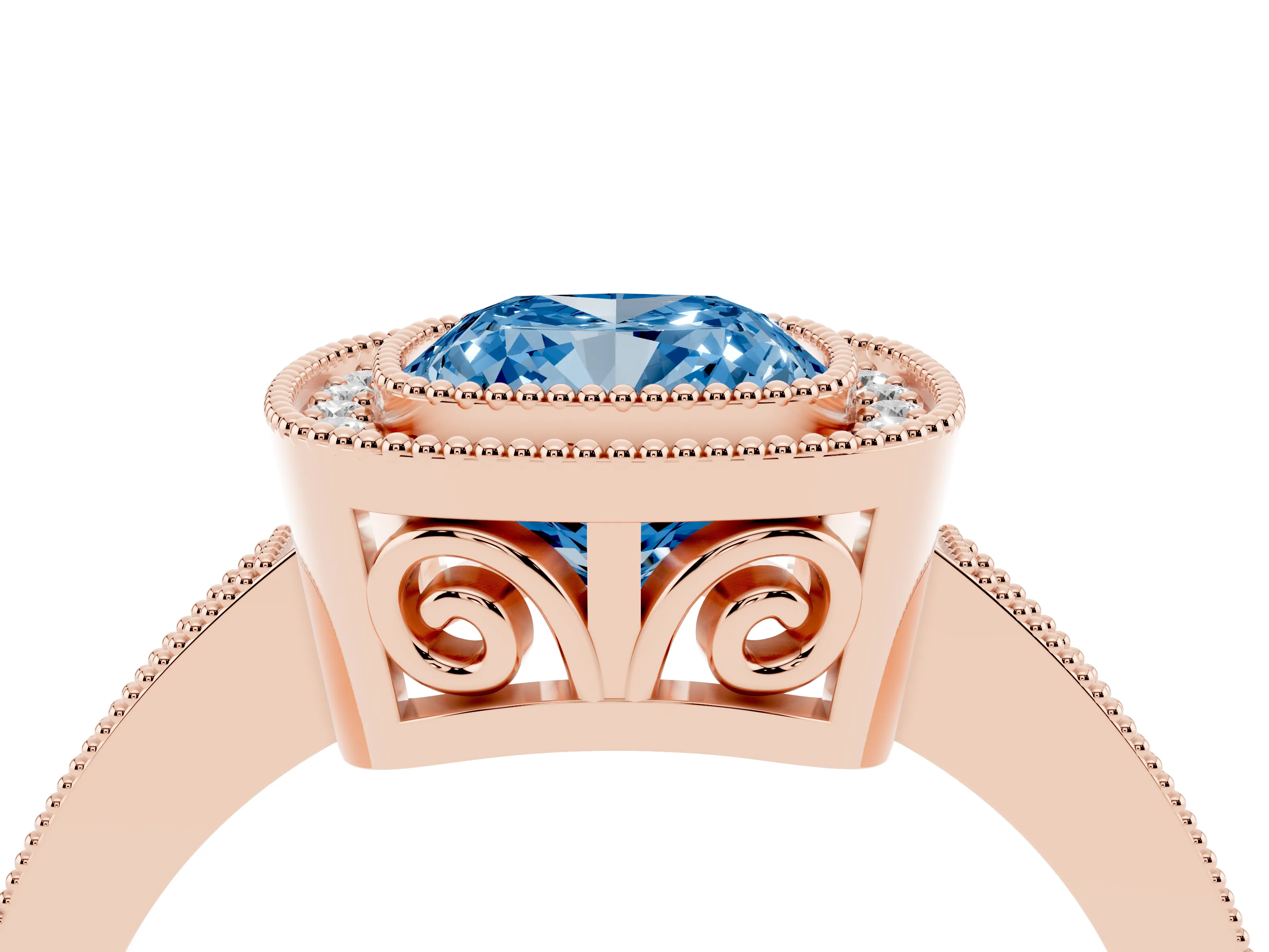 Fancy Blue Cushion Cut Diamond Round Halo Ring Set in Rose gold with Pavé Band