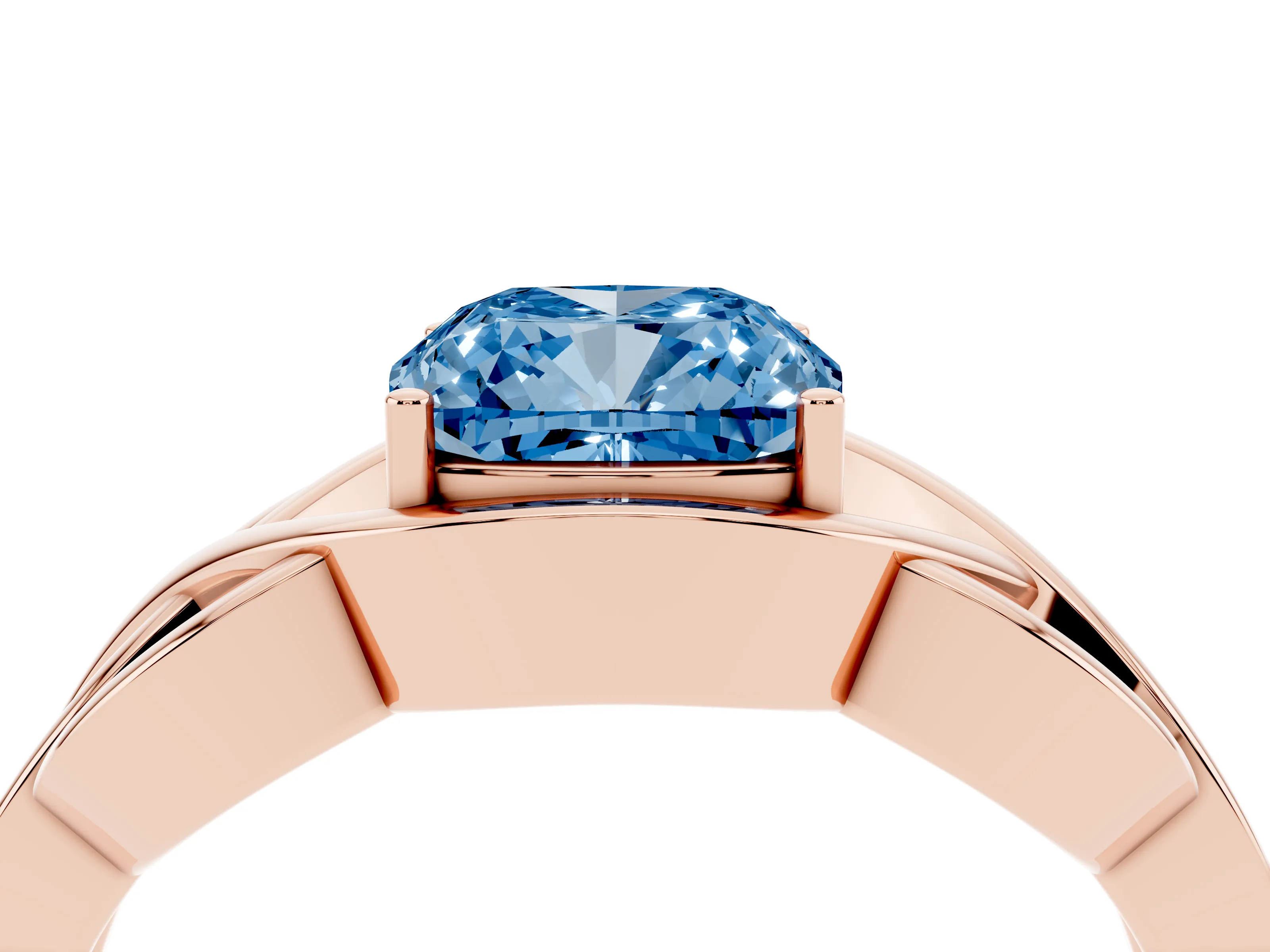 Fancy Blue Cushion Cut Diamond Solitaire Ring Set in Rose gold with Intertwined Band