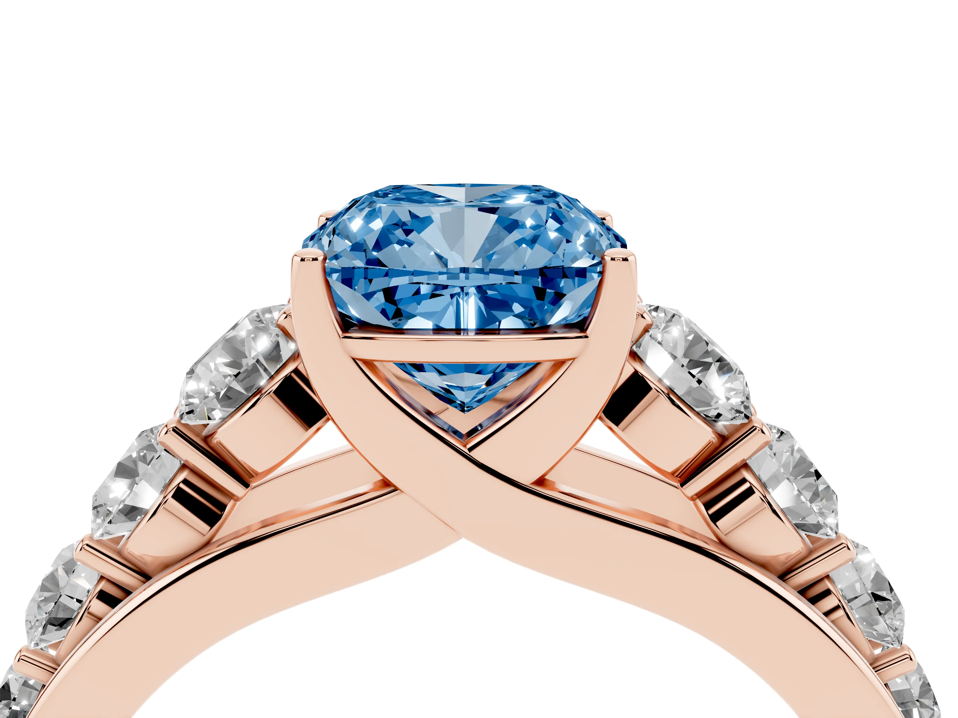 Fancy Blue Cushion Cut Diamond Solitaire Ring Set in Rose gold with Pavé-Set Band and Prong Setting