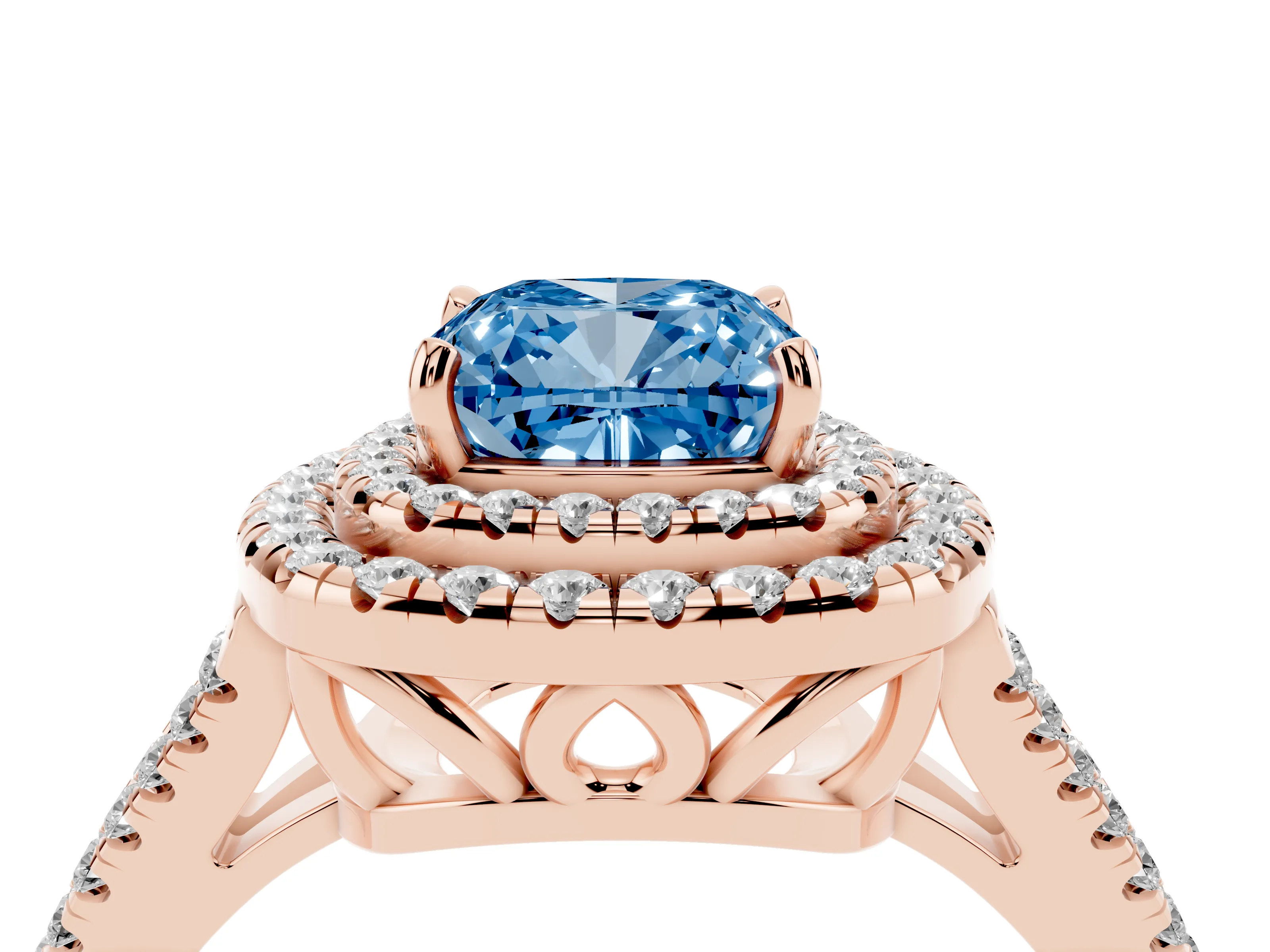 Fancy Blue Cushion Cut Diamond Double Halo Ring Set in Rose gold with Pavé Band