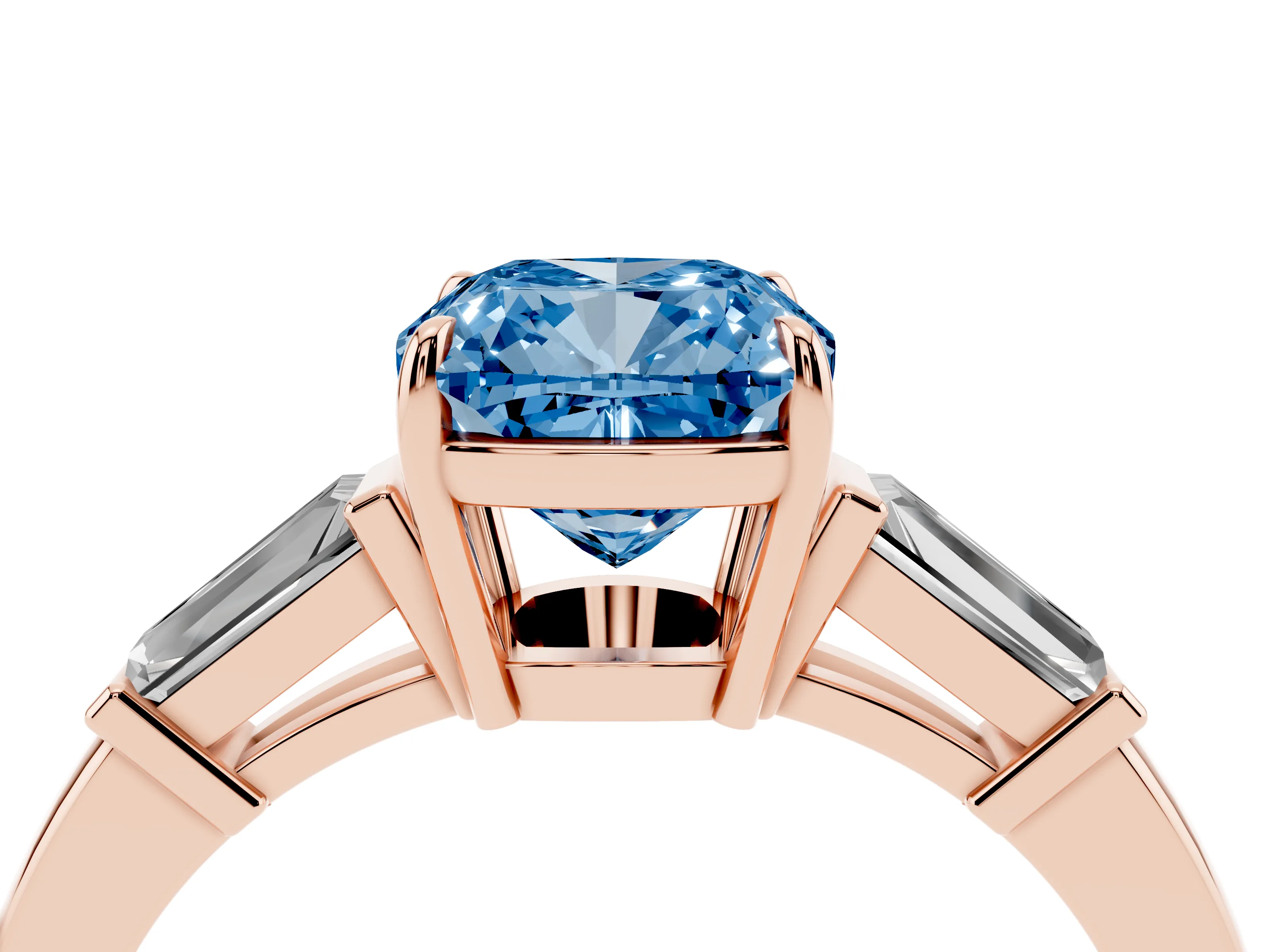 Fancy Blue Cushion Cut Diamond Three-Stone Ring Set in Rose gold with Tapered Baguette Side Stones and Prong Setting