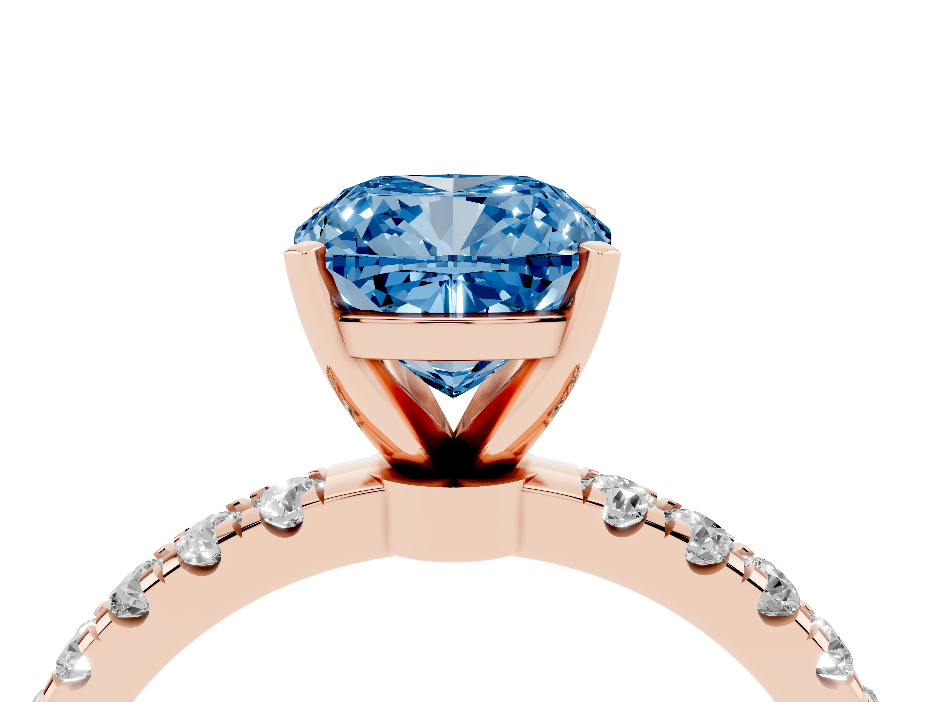 Fancy Blue Cushion Cut Diamond Solitaire Ring Set in Rose gold with Pavé Accents and Prong Setting