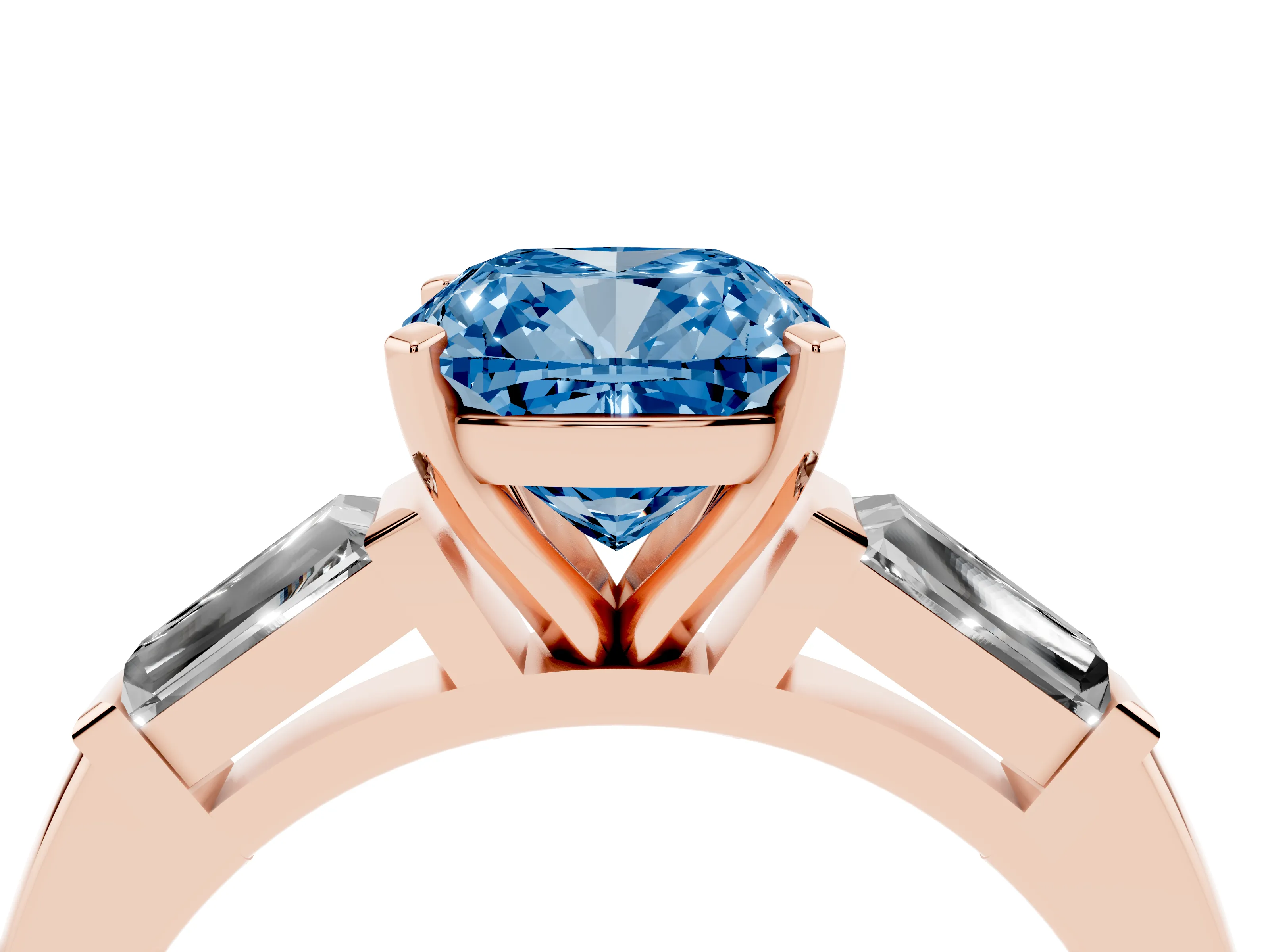 Fancy Blue Cushion Cut Diamond Solitaire Ring Set in Rose gold with Tapered Baguette Side Stones and Prong Setting