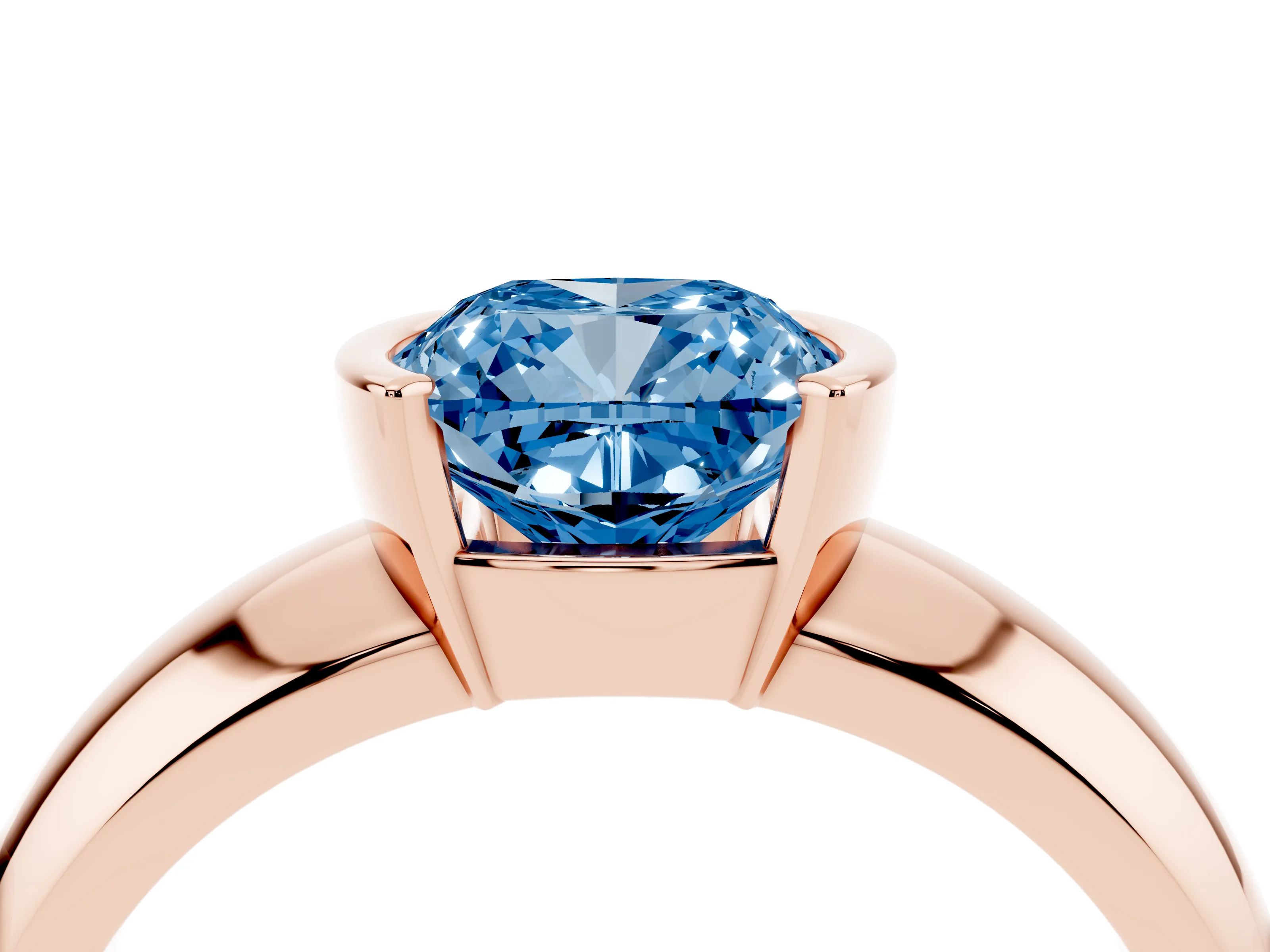 Fancy Blue Cushion Cut Diamond Solitaire Tension Set Ring Set in Rose gold with Wide Band
