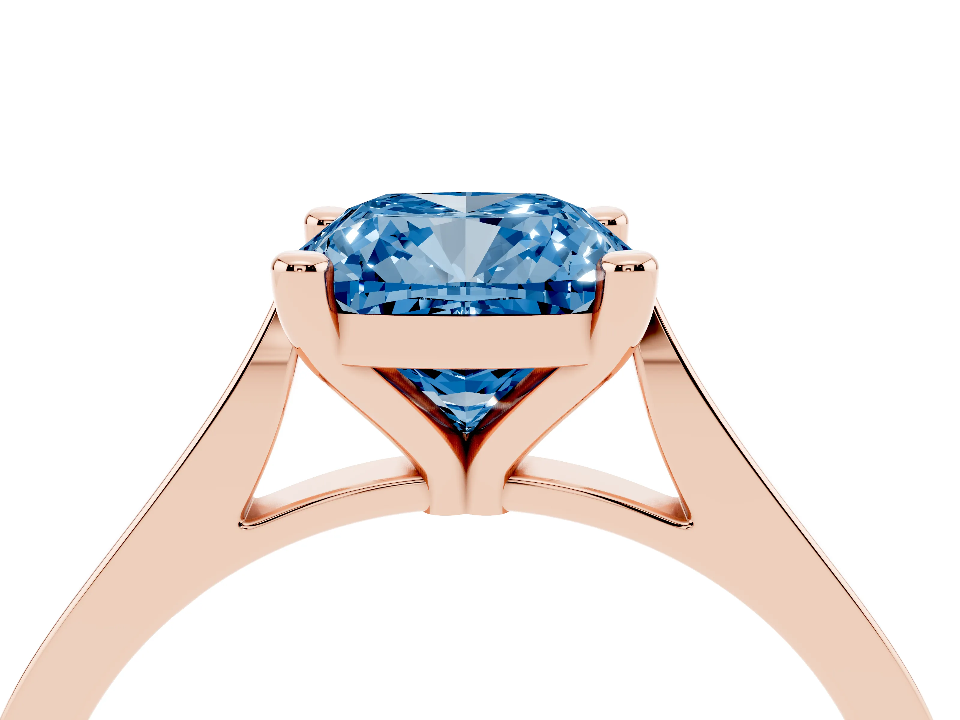 Fancy Blue Cushion Cut Diamond Solitaire Ring Set in Rose gold with Prong Setting and Tapered Band