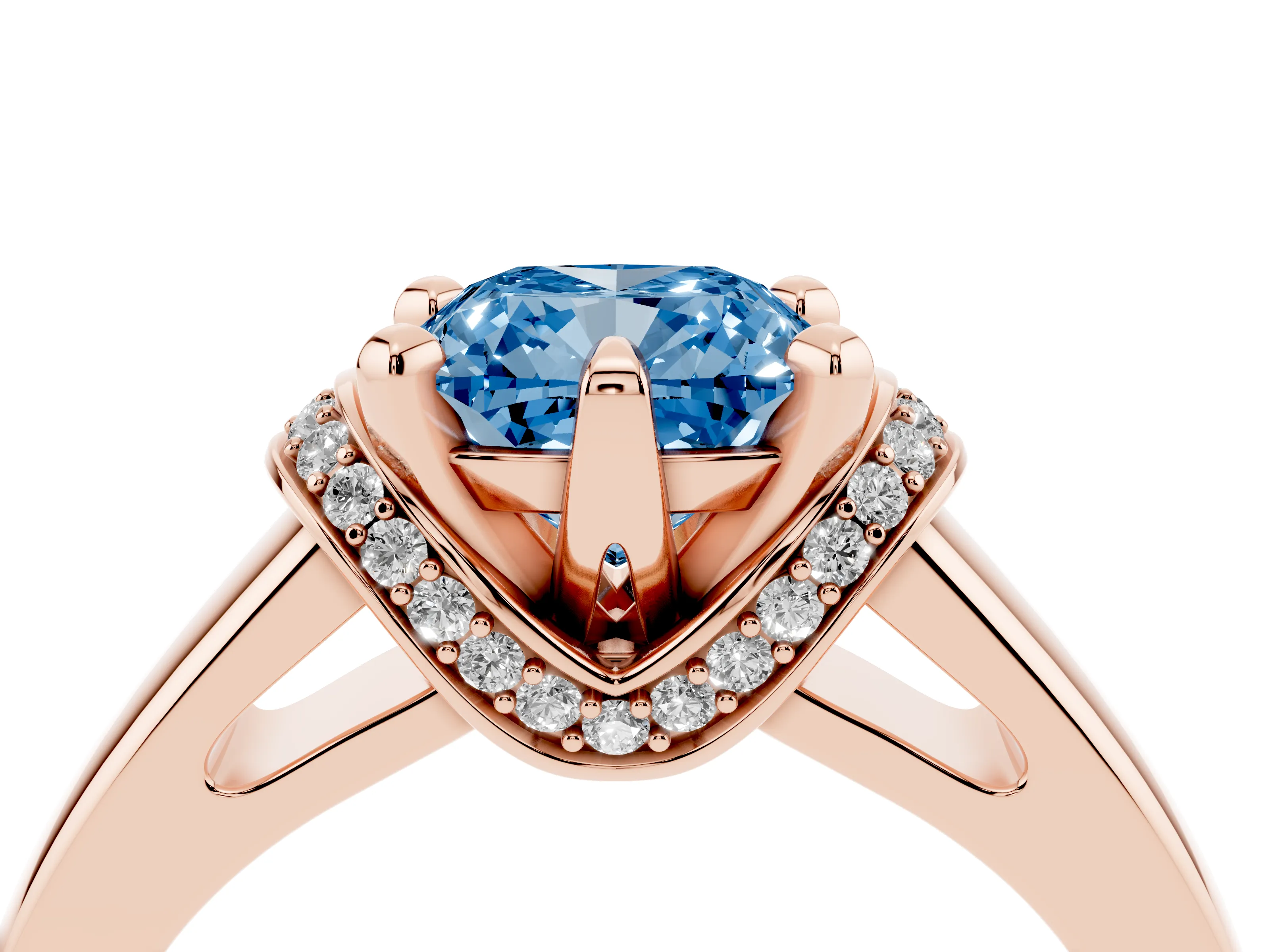 Fancy Blue Cushion Cut Diamond Pavé Band Solitaire Ring Set in Rose gold with Prong Setting