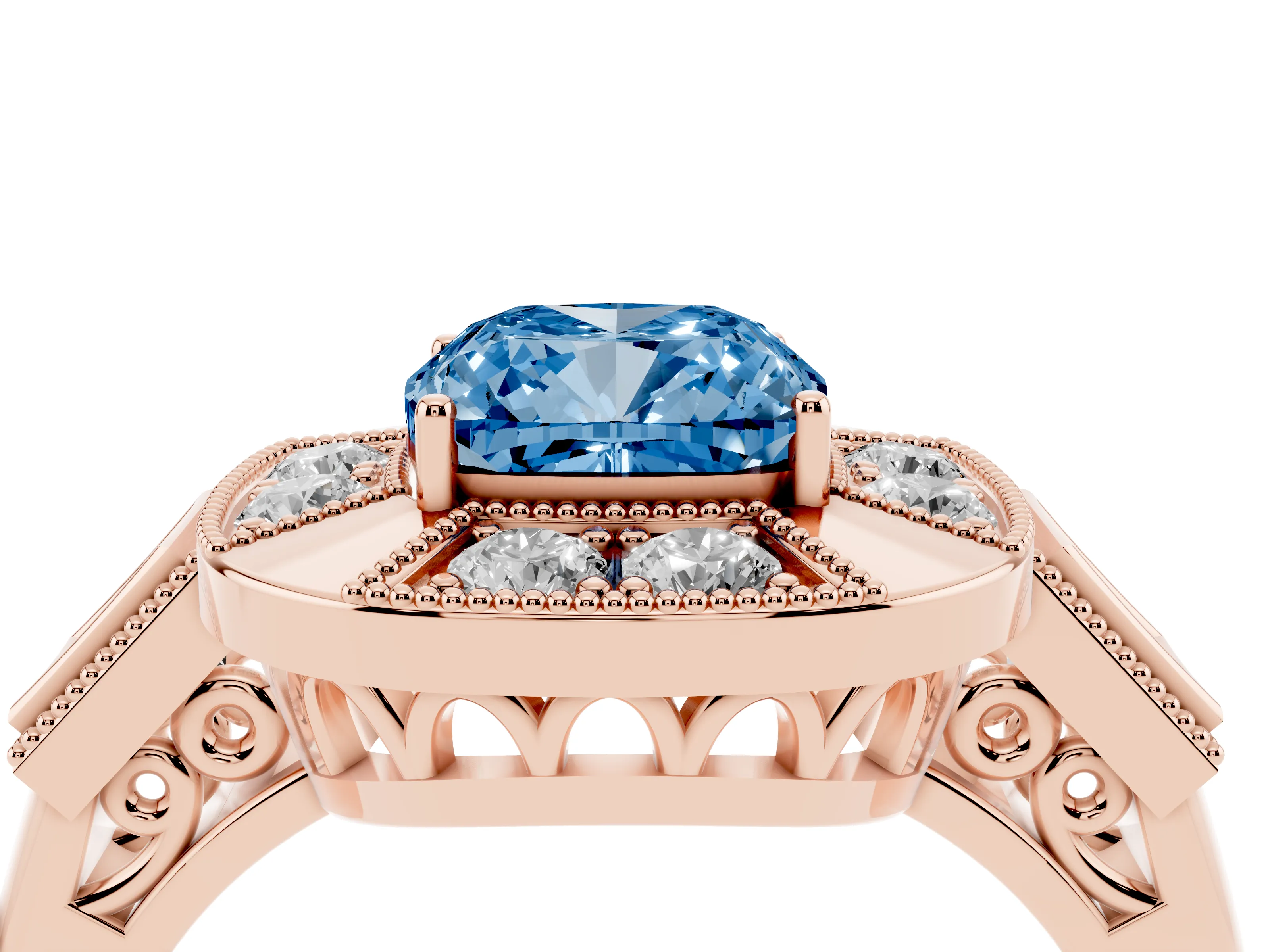 Fancy Blue Cushion Cut Diamond Milgrain Halo Ring Set in Rose gold with Split Shank