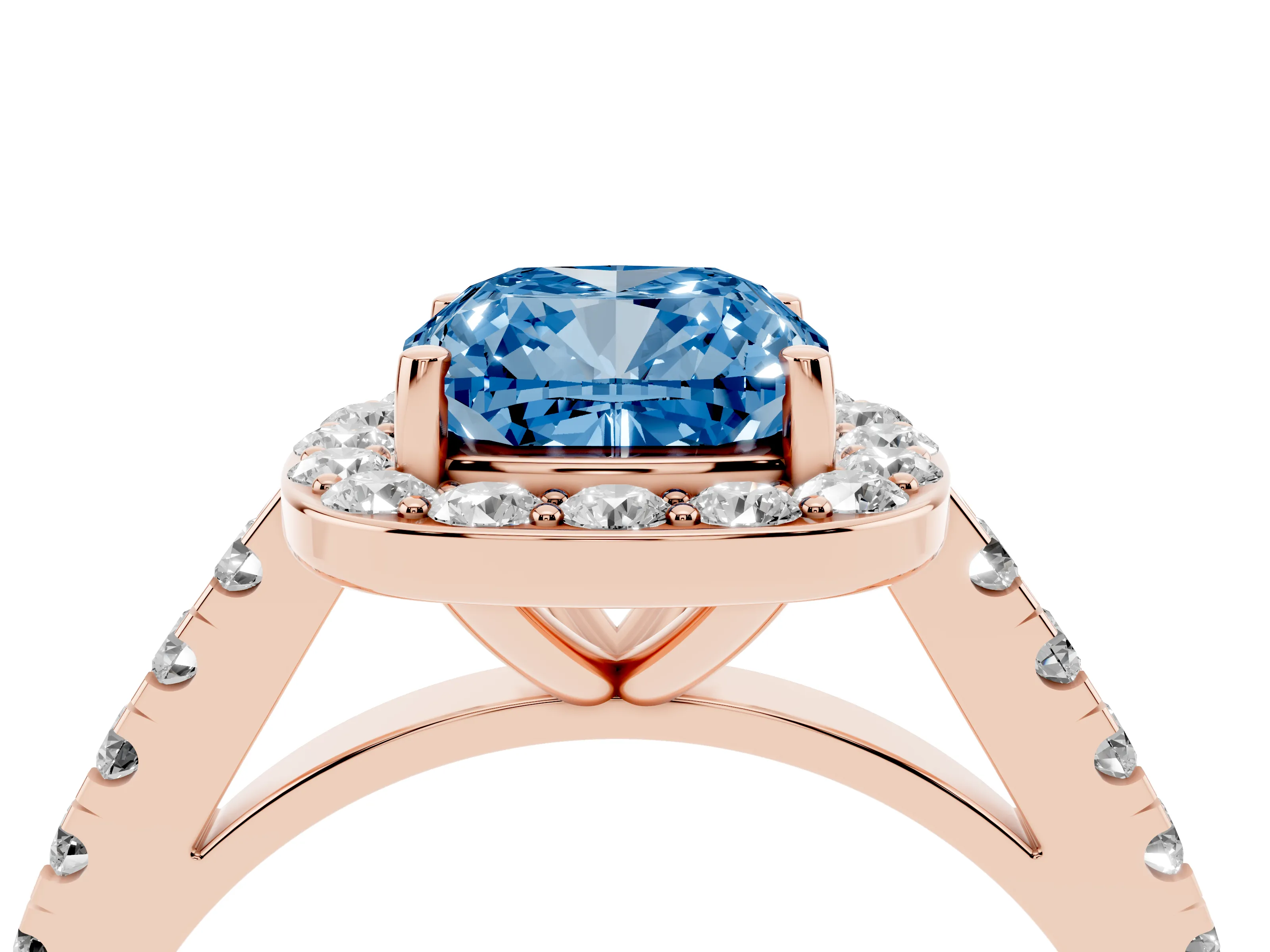 Fancy Blue Cushion Cut Diamond Halo Ring Set in Rose gold with Round Pavé Split Shank and Prong Setting
