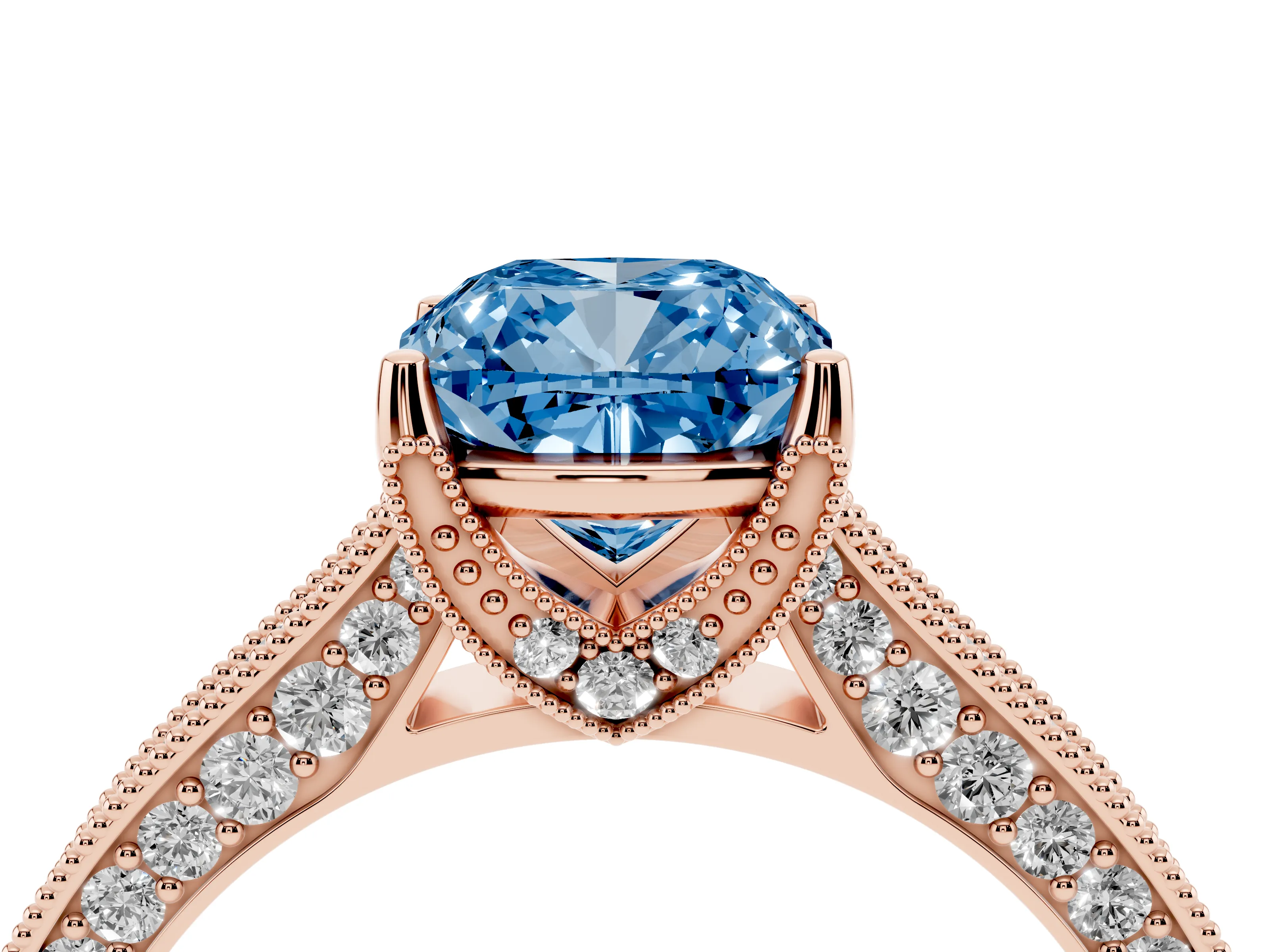 Fancy Blue Cushion Cut Diamond Solitaire Ring Set in Rose gold with Milgrain-Edged Pavé Band and Prong Setting