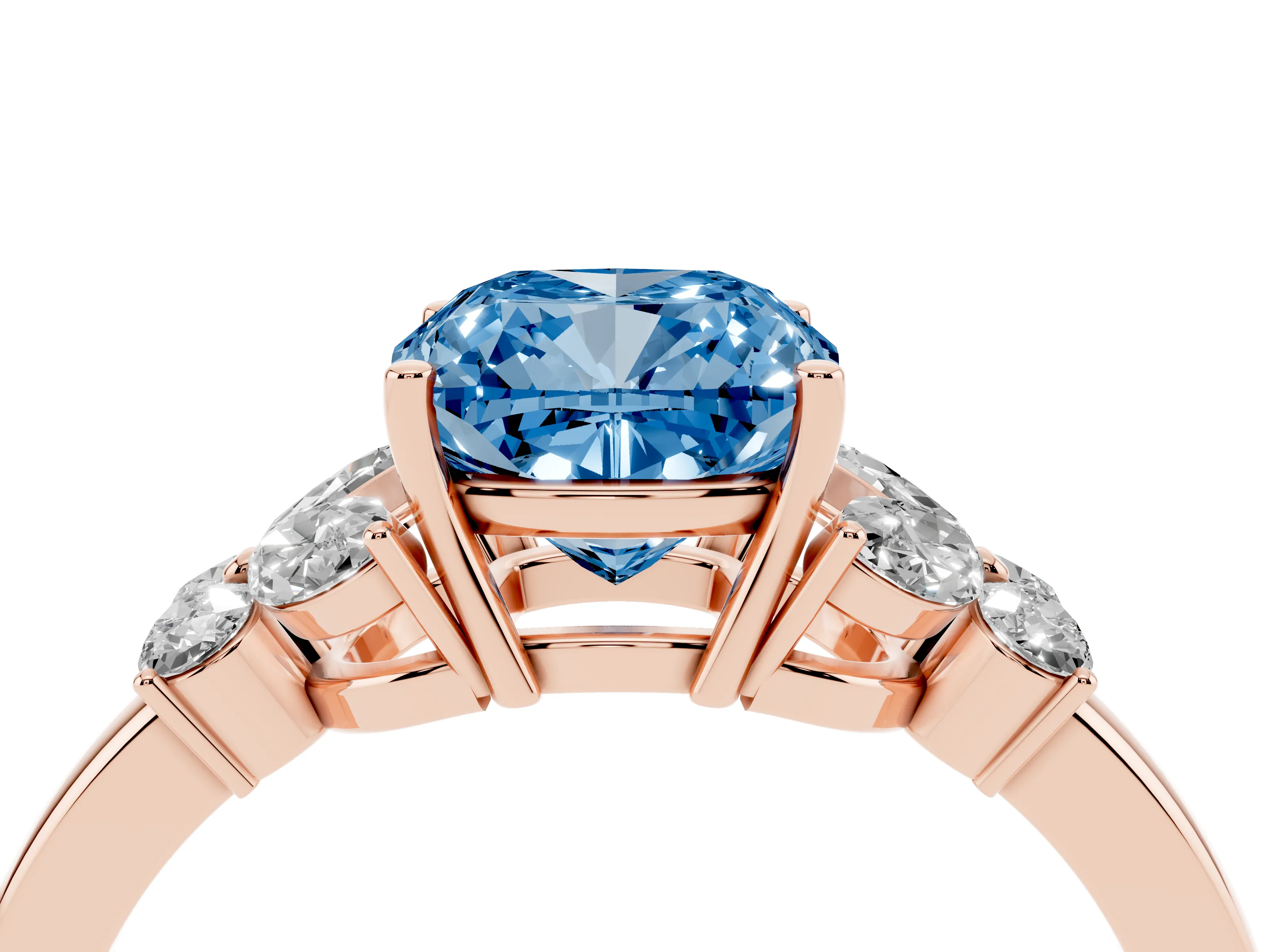 Fancy Blue Cushion Cut Diamond Solitaire Floral Ring Set in Rose gold with Marquise Petals and Prong Setting