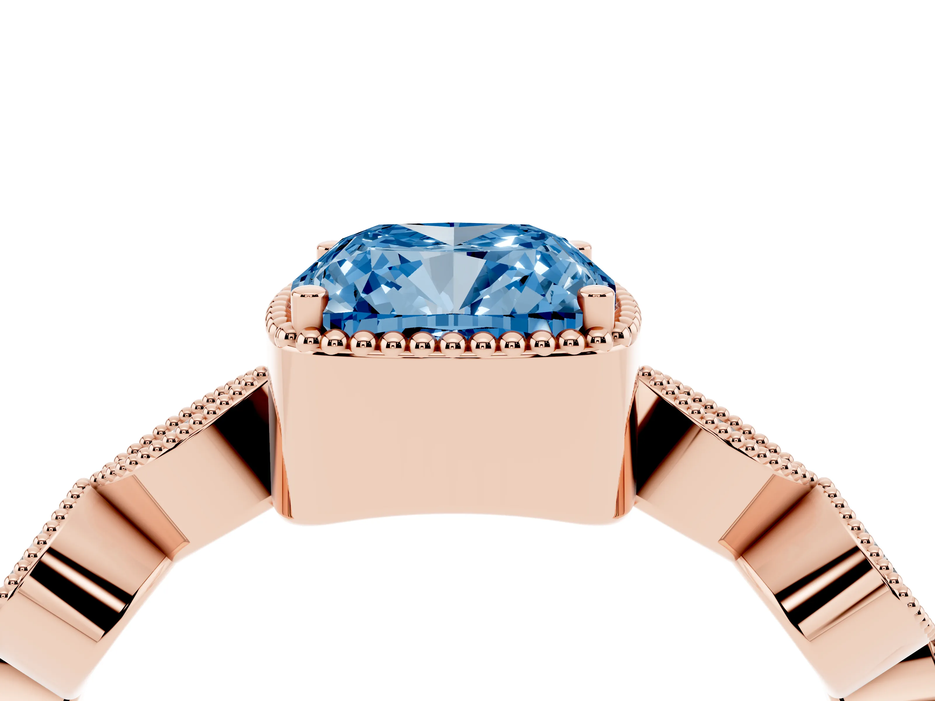Fancy Blue Cushion Cut Diamond Vintage-Inspired Milgrain Ring Set in Rose gold with Marquise Stations of Round Accents