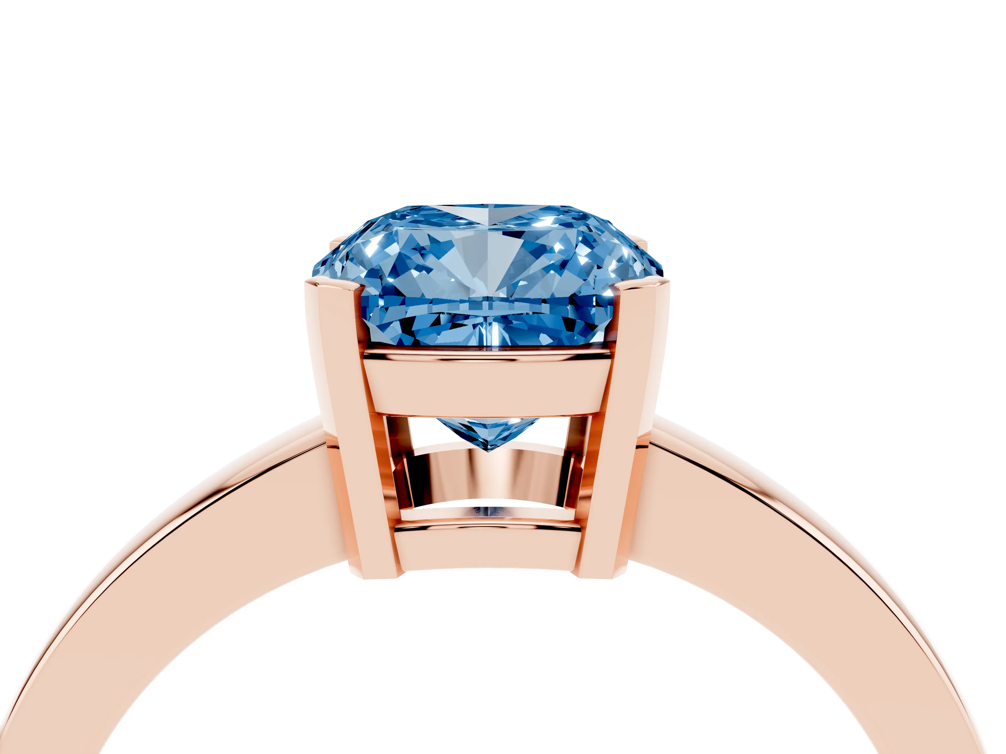 Fancy Blue Cushion Cut Diamond Solitaire Ring Set in Rose gold with Prong Head and Smooth Polished Band