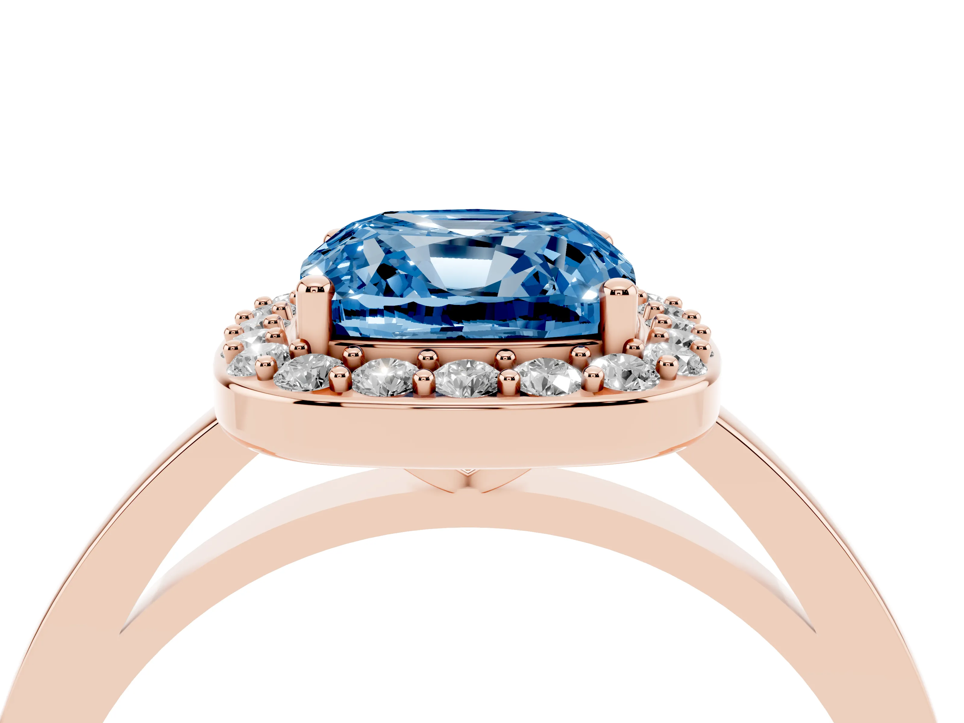 Fancy Blue Cushion Cut Diamond Halo Ring Set in Rose gold with Solitaire Band and Prong Setting