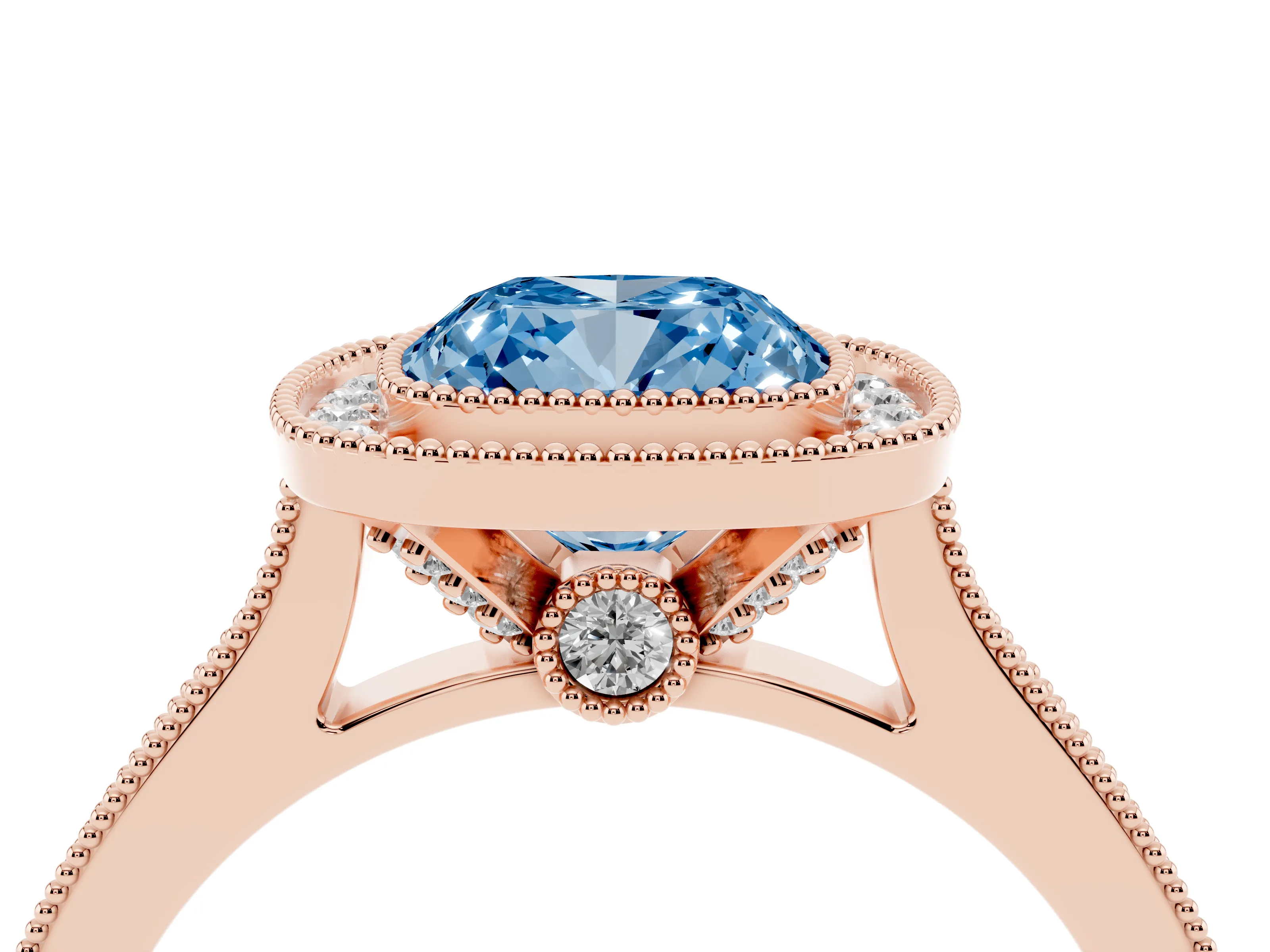 Fancy Blue Cushion Cut Diamond Halo Milgrain Pavé Band Ring Set in Rose gold with Prong Setting