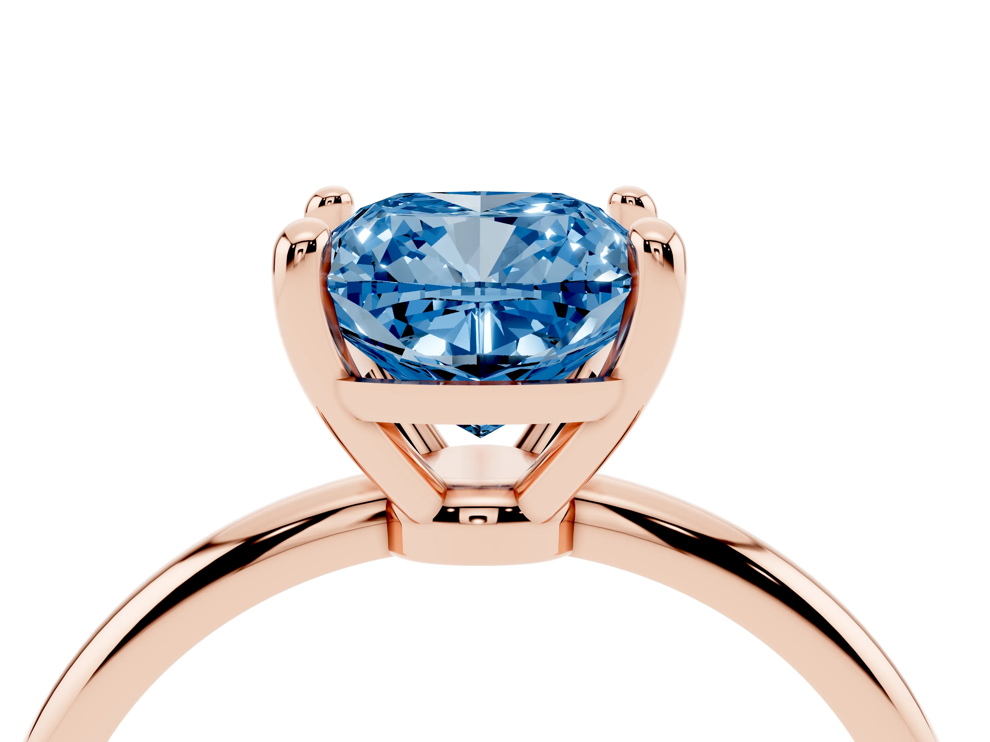 Fancy Blue Cushion Cut Diamond Solitaire Ring Set in Rose gold with Secure Prong Setting on a Classic Band