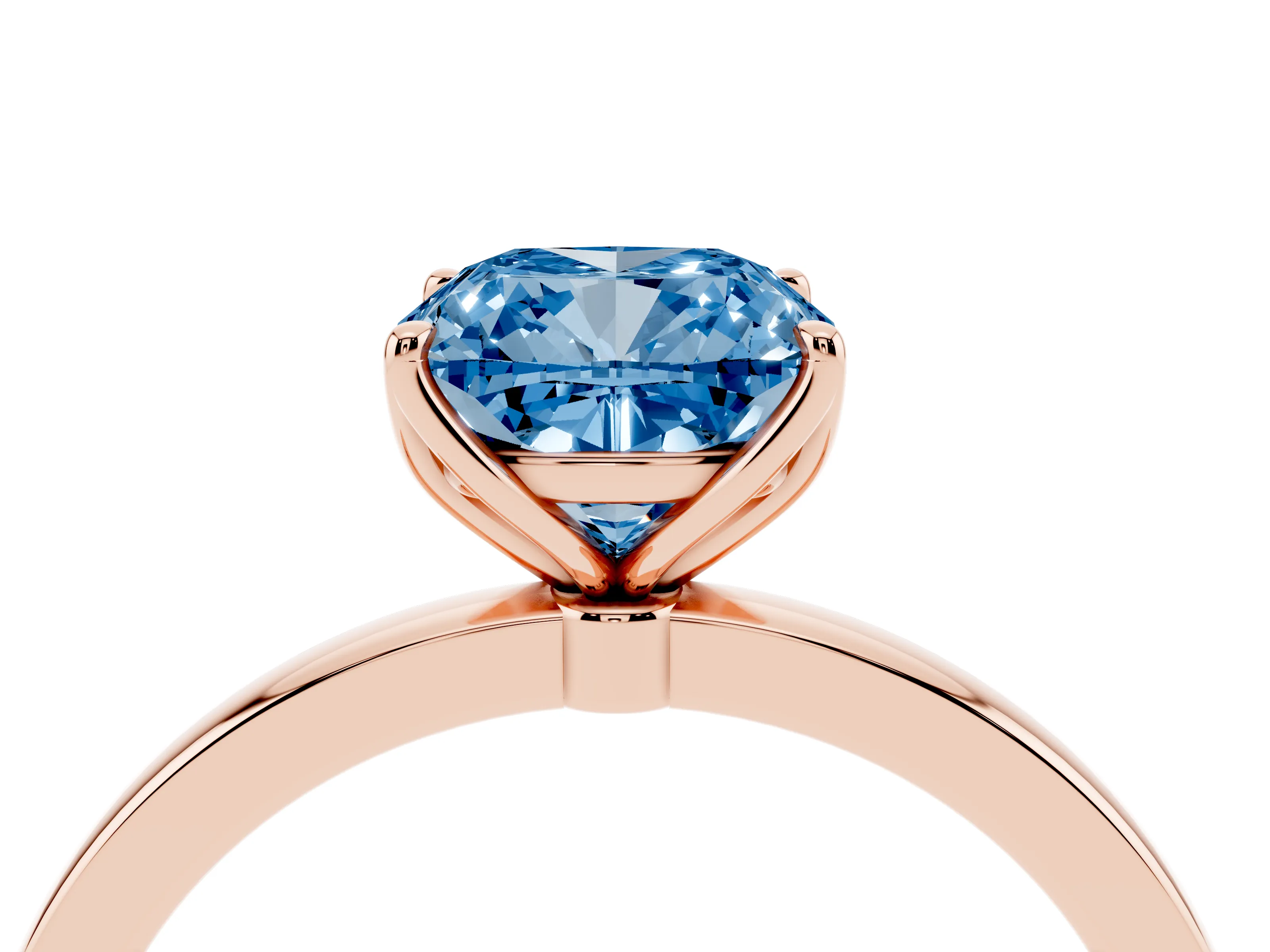Fancy Blue Cushion Cut Diamond Solitaire Ring Set in Rose gold with Prong Setting and Thin Polished Band