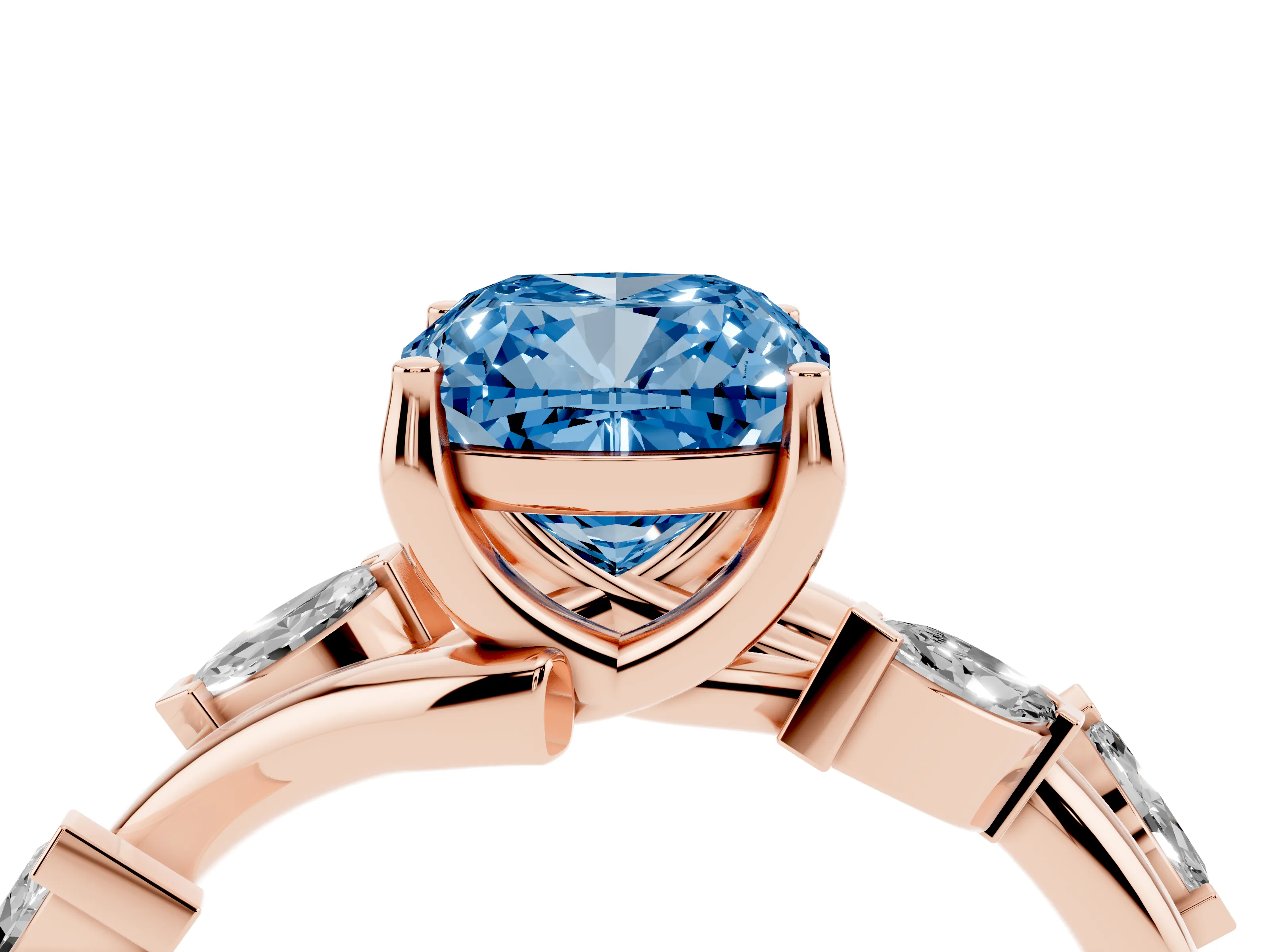 Fancy Blue Cushion Cut Diamond Solitaire Ring Set in Rose gold with Twisted Marquise Accent Band