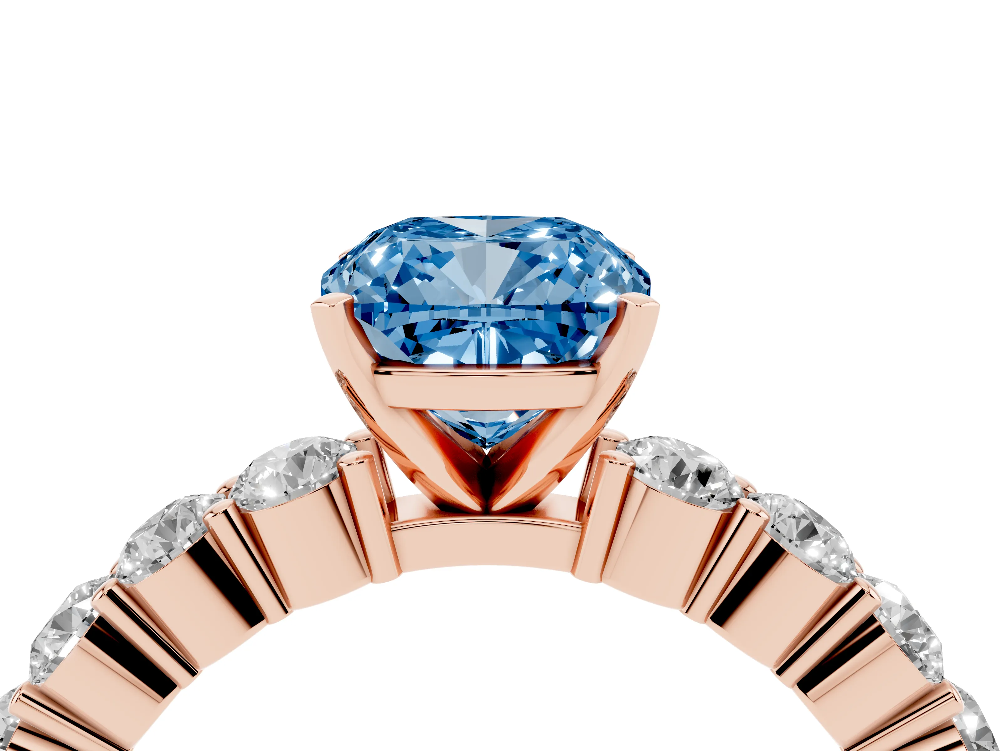 Fancy Blue Cushion Cut Diamond Solitaire Ring Set in Rose gold with Shared Prong Round Side Stones