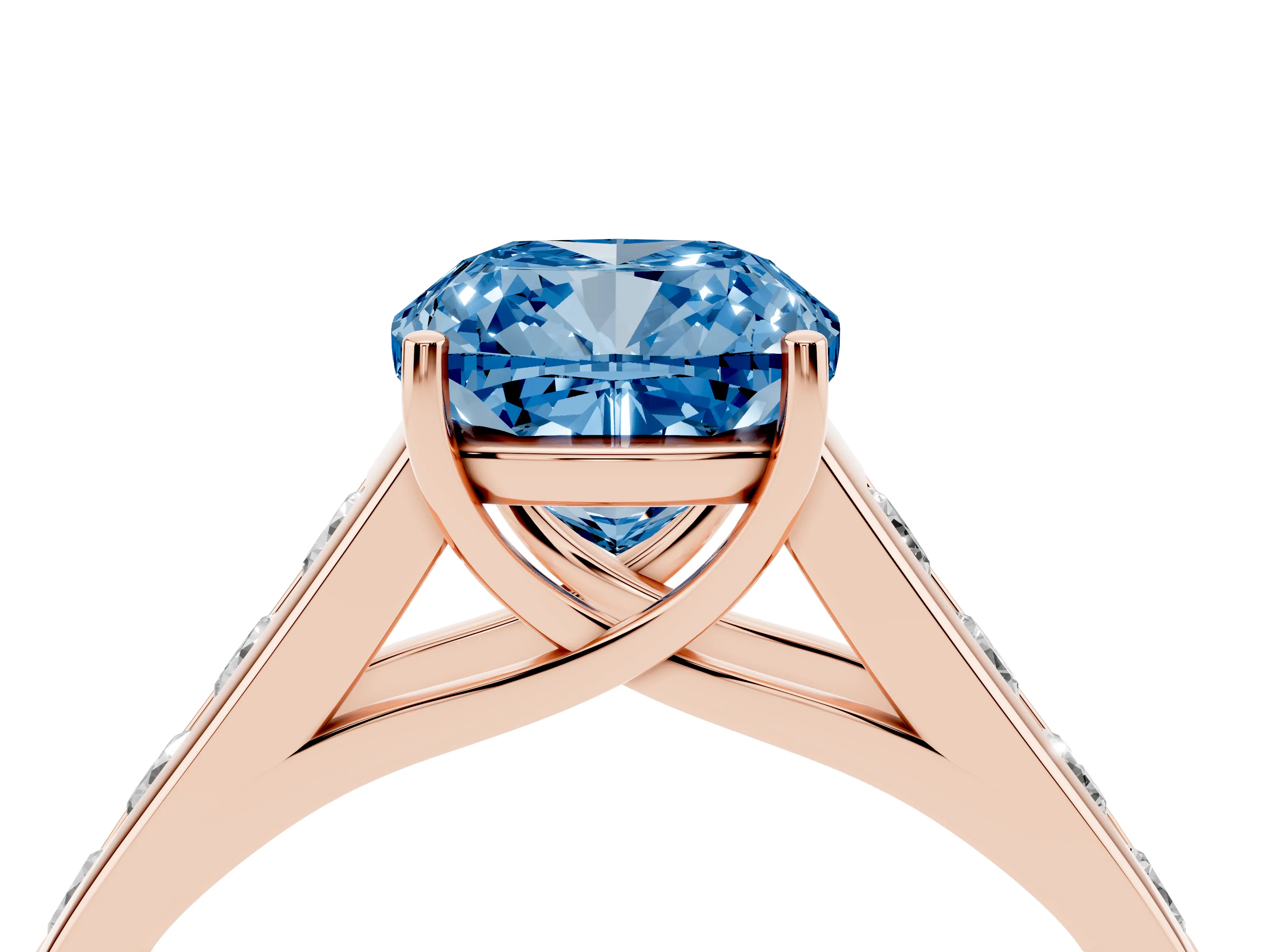Fancy Blue Cushion Cut Diamond Brilliant Channel-Set Solitaire Ring Set in Rose gold with Prong Setting