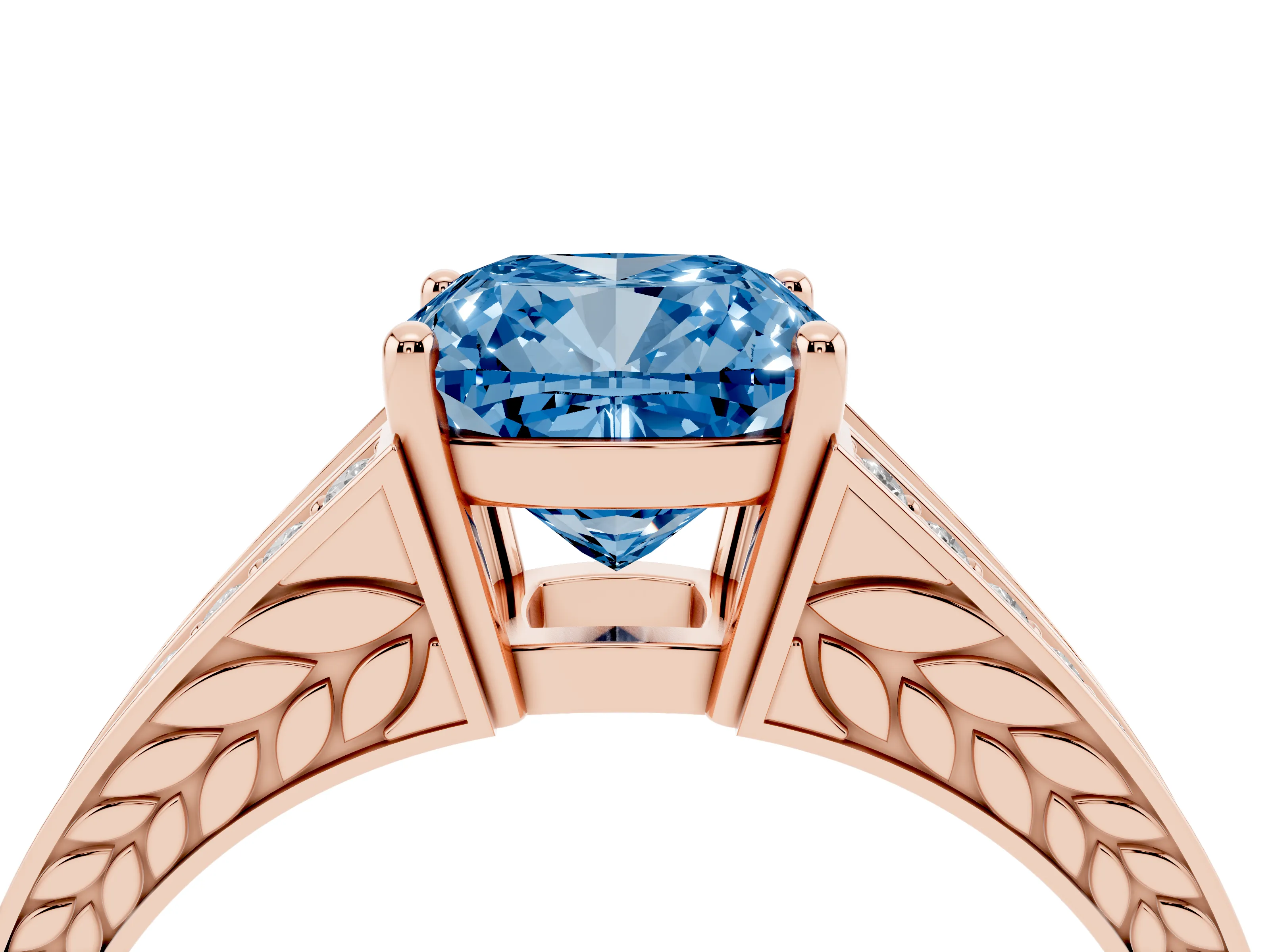 Fancy Blue Cushion Cut Diamond Split Shank Ring Set in Rose gold with Pavé Band and Prong Setting