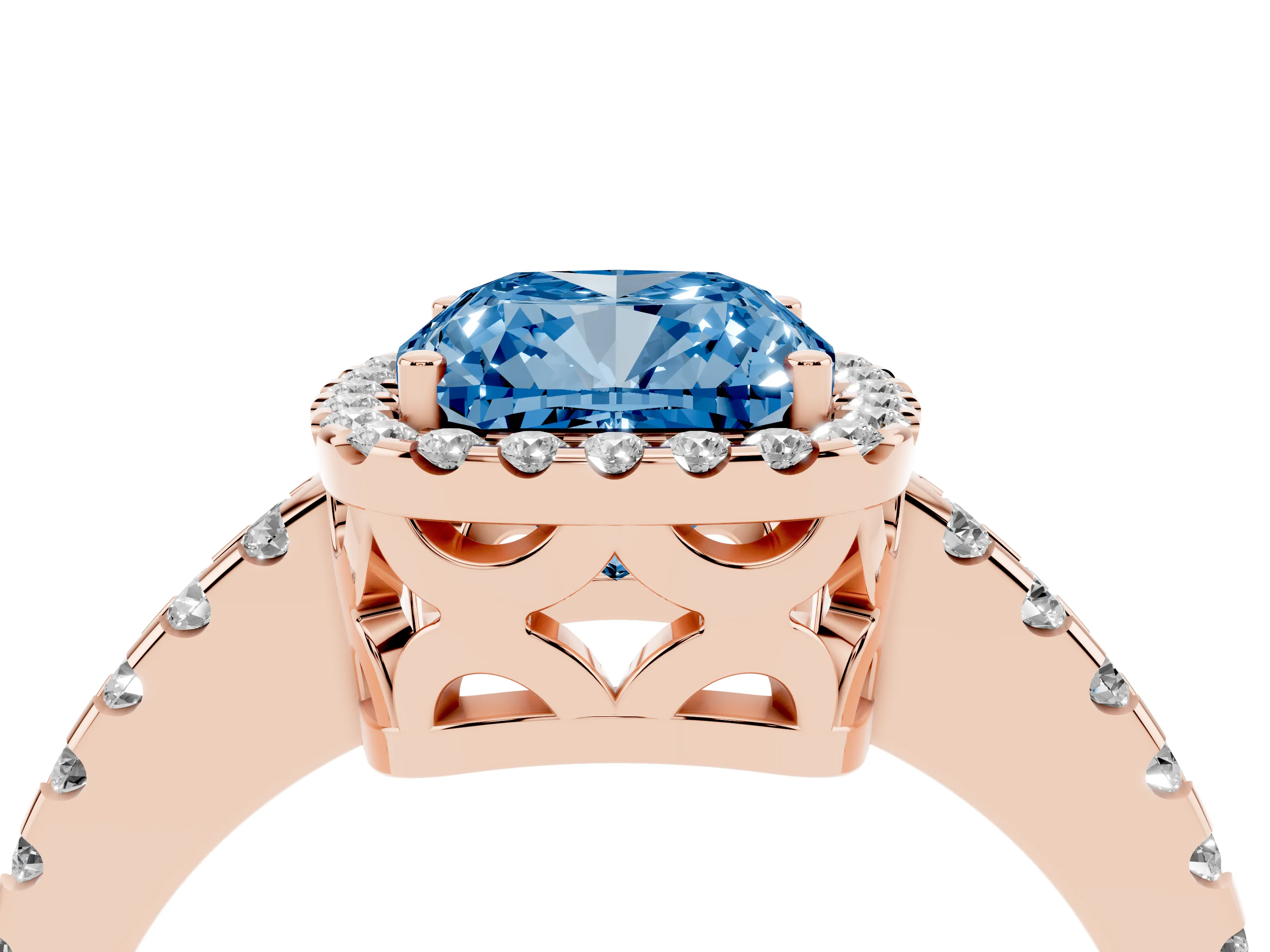 Fancy Blue Cushion Cut Diamond Halo Ring Set in Rose gold with Pavé Shoulders and Halo-Framed Center