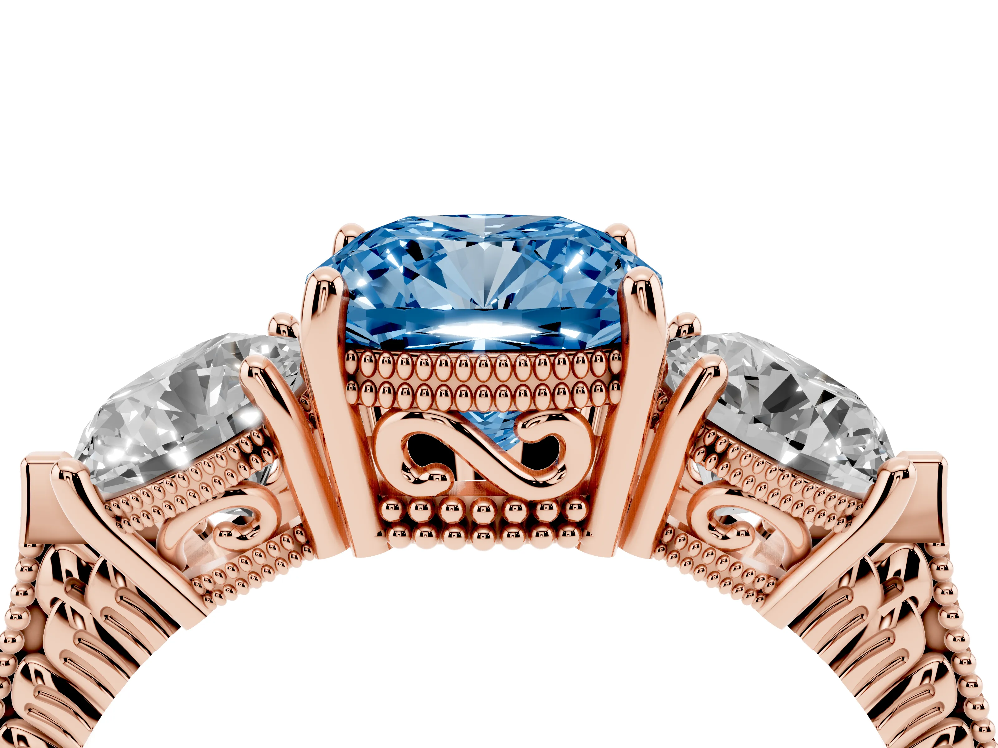 Fancy Blue Cushion Cut Diamond Three-Stone Ring Set in Rose gold with Milgrain Band