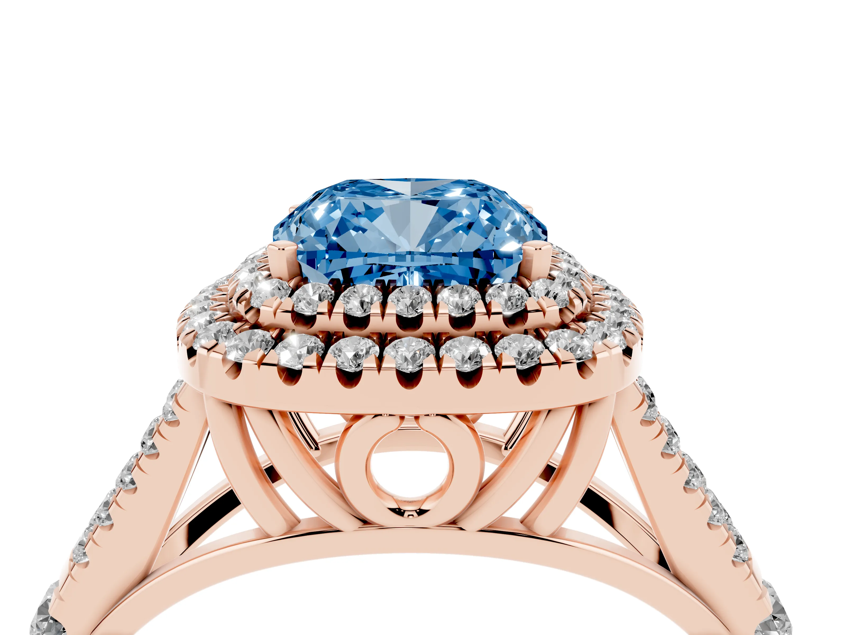 Fancy Blue Cushion Cut Diamond Pavé Split Shank Double Halo Engagement Ring Set in Rose gold