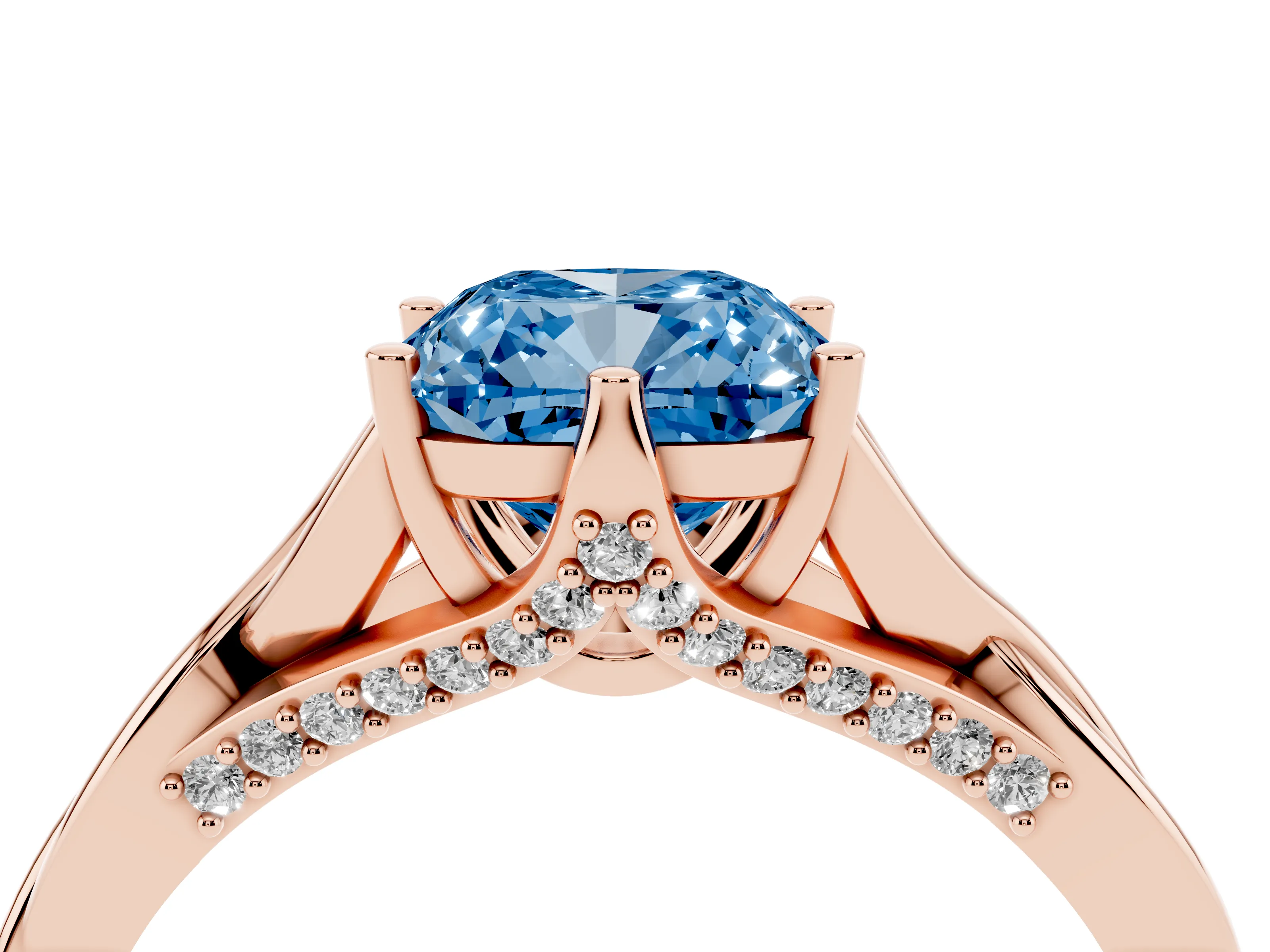 Fancy Blue Cushion Cut Diamond Intertwined Twist Band Solitaire Ring Set in Rose gold with Prong Setting