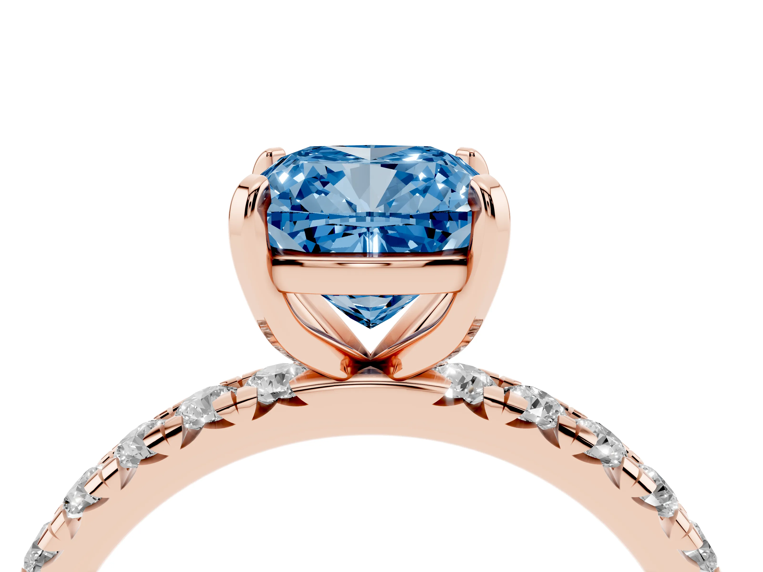 Fancy Blue Cushion Cut Diamond Pavé Solitaire Ring Set in Rose gold with Round Band and Prong Setting