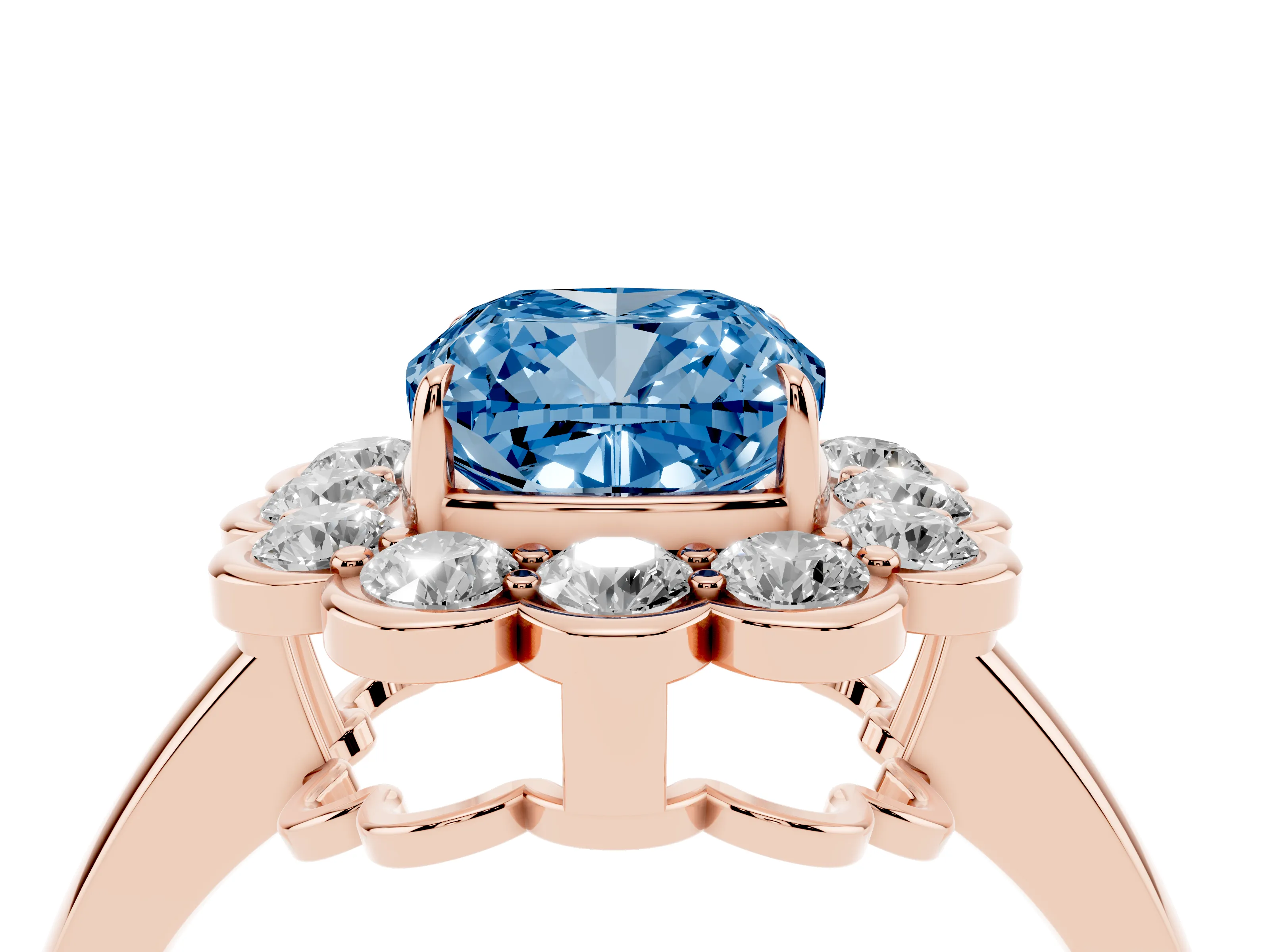 Fancy Blue Cushion Cut Diamond Halo Cluster Engagement Ring Set in Rose gold with Solitaire Band and Prong Setting