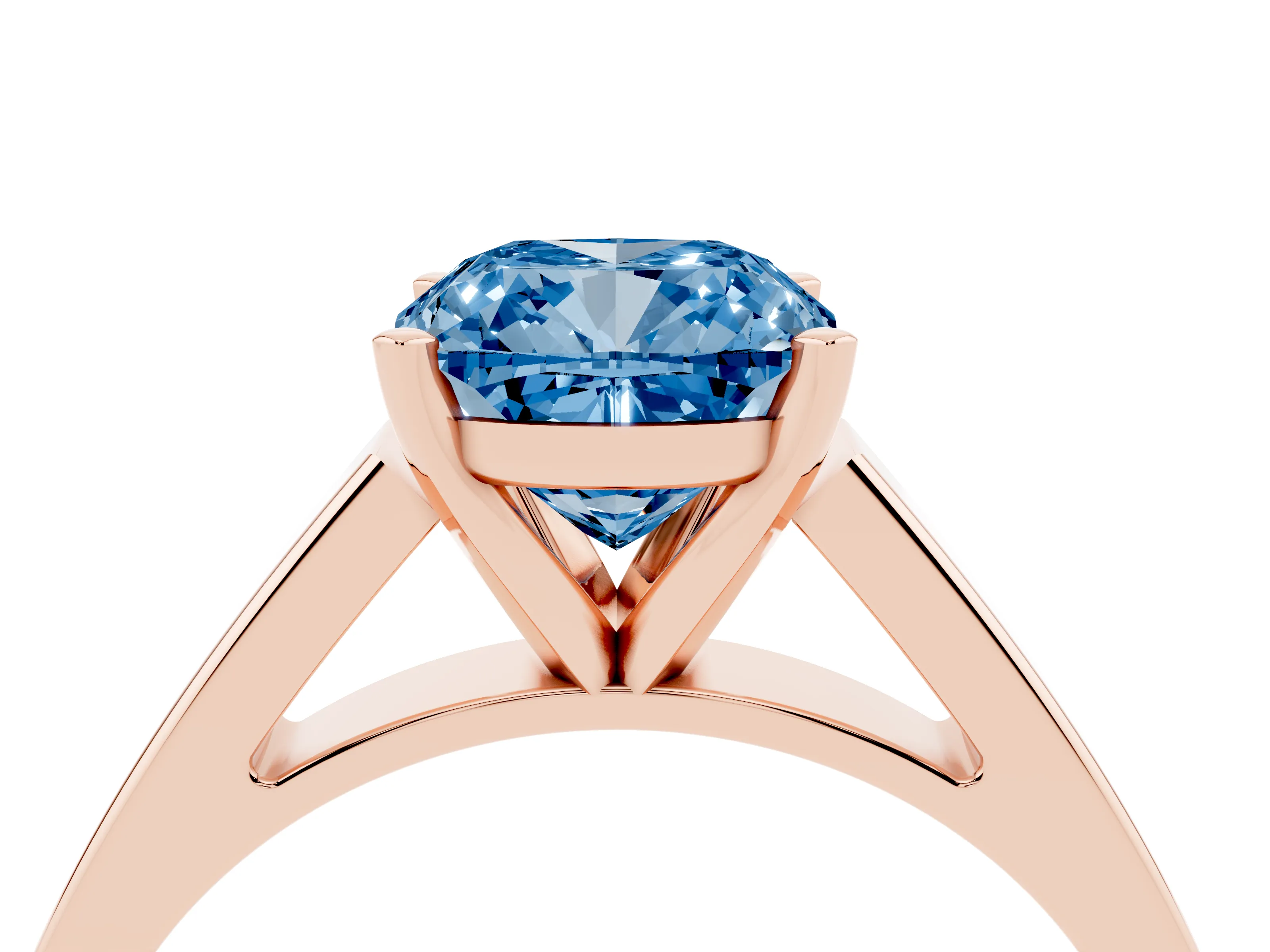 Fancy Blue Cushion Cut Diamond Solitaire Engagement Ring Set in Rose gold with Prong Setting and Tapered Band