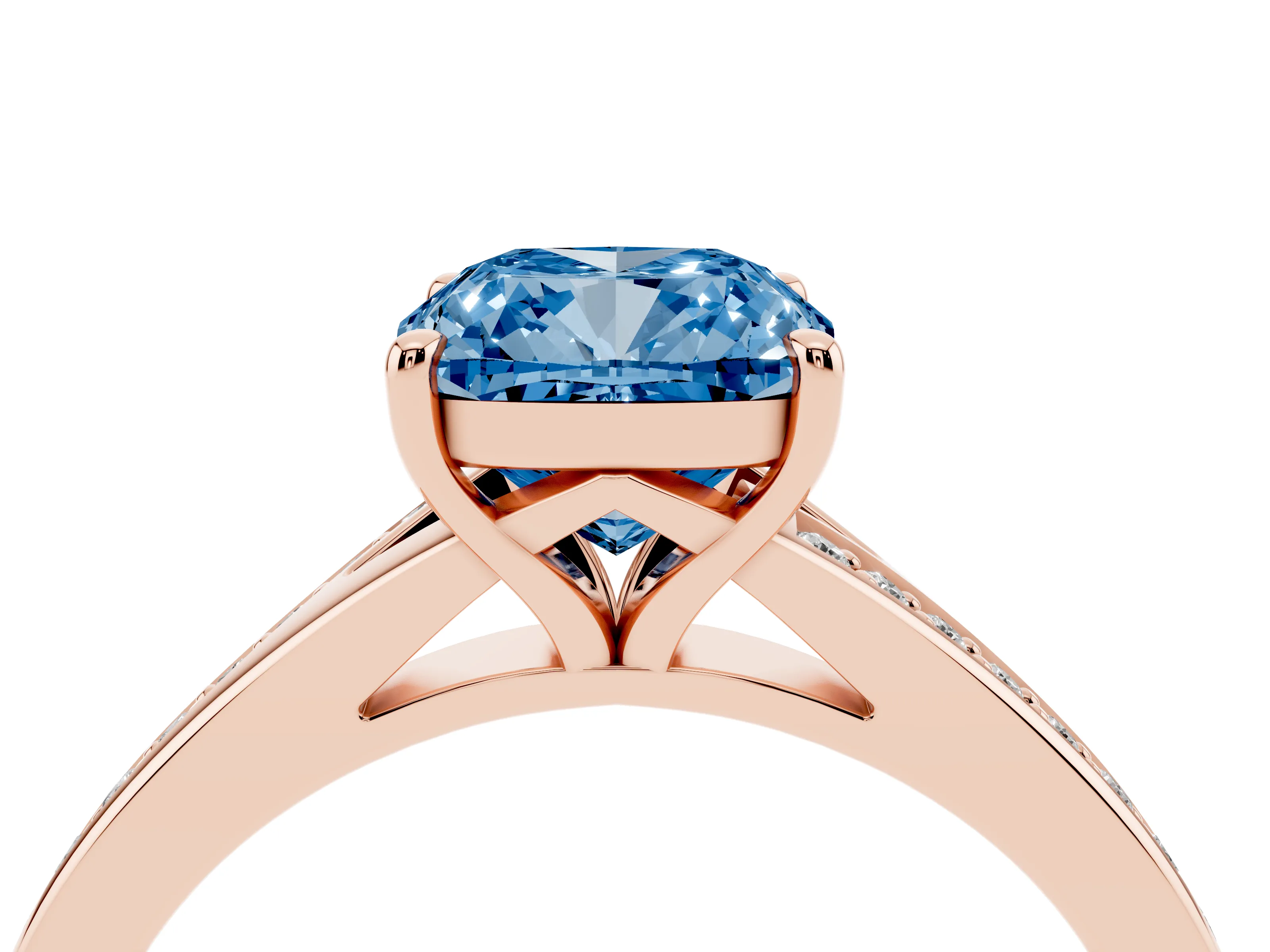 Fancy Blue Cushion Cut Diamond Solitaire Ring Set in Rose gold with Pavé Accent Band and Classic Prong Setting