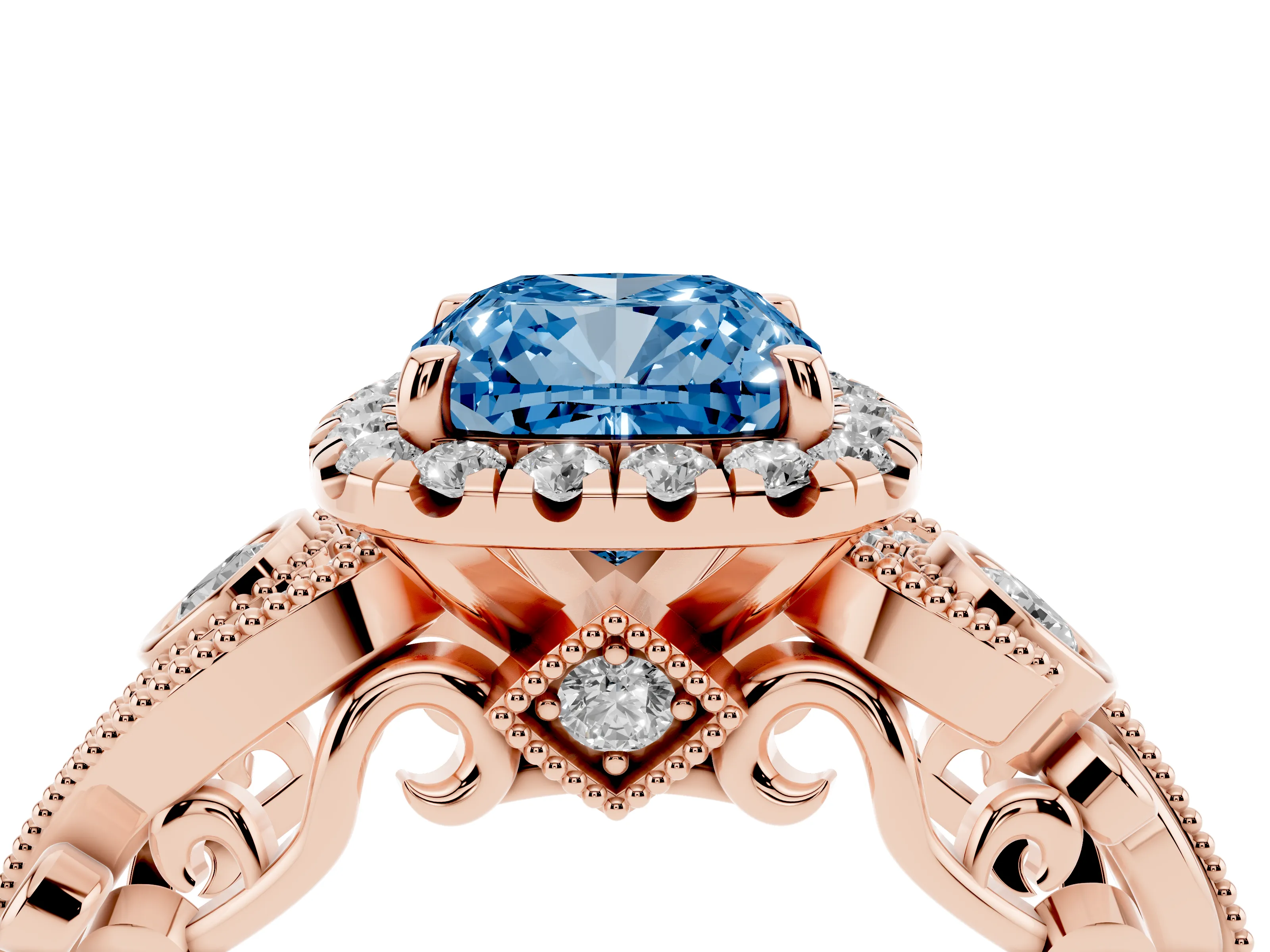 Fancy Blue Cushion Cut Diamond Halo Ring Set in Rose gold with Milgrain Pavé Band and Prong Setting