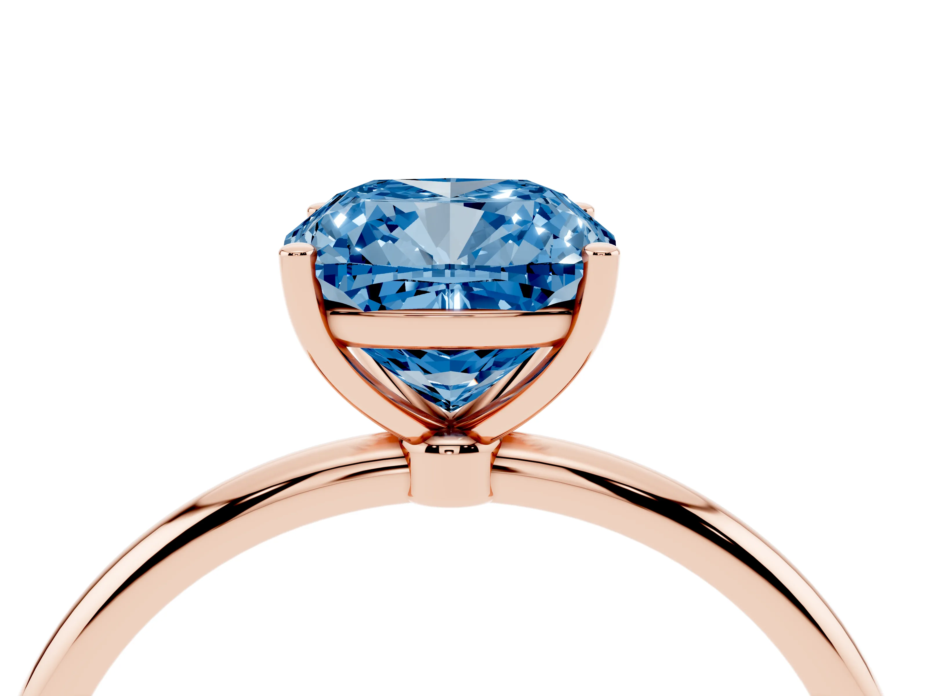 Fancy Blue Cushion Cut Diamond Solitaire Engagement Ring Set in Rose gold with Thin Band and Prong Setting