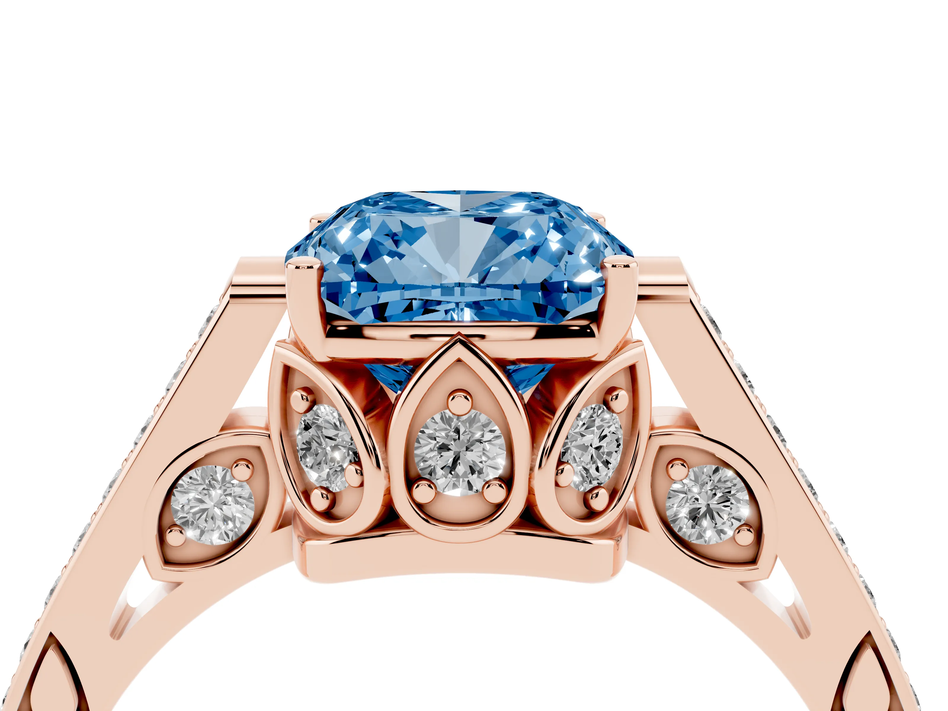 Fancy Blue Cushion Cut Diamond Cathedral Pavé Engagement Ring Set in Rose gold with Prong Setting