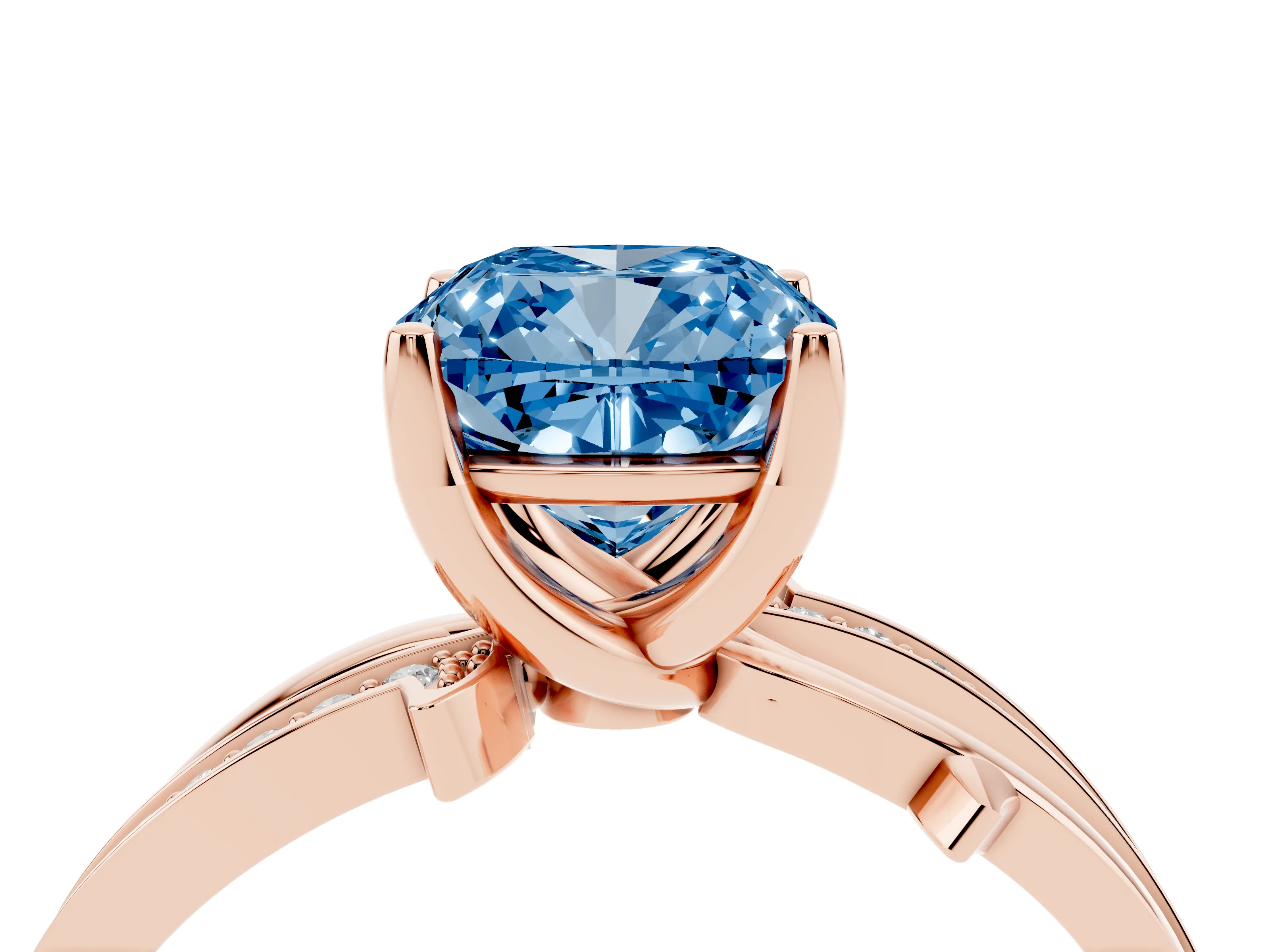 Fancy Blue Cushion Cut Diamond Pavé Twist Band Solitaire Ring Set in Rose gold with Prong Setting