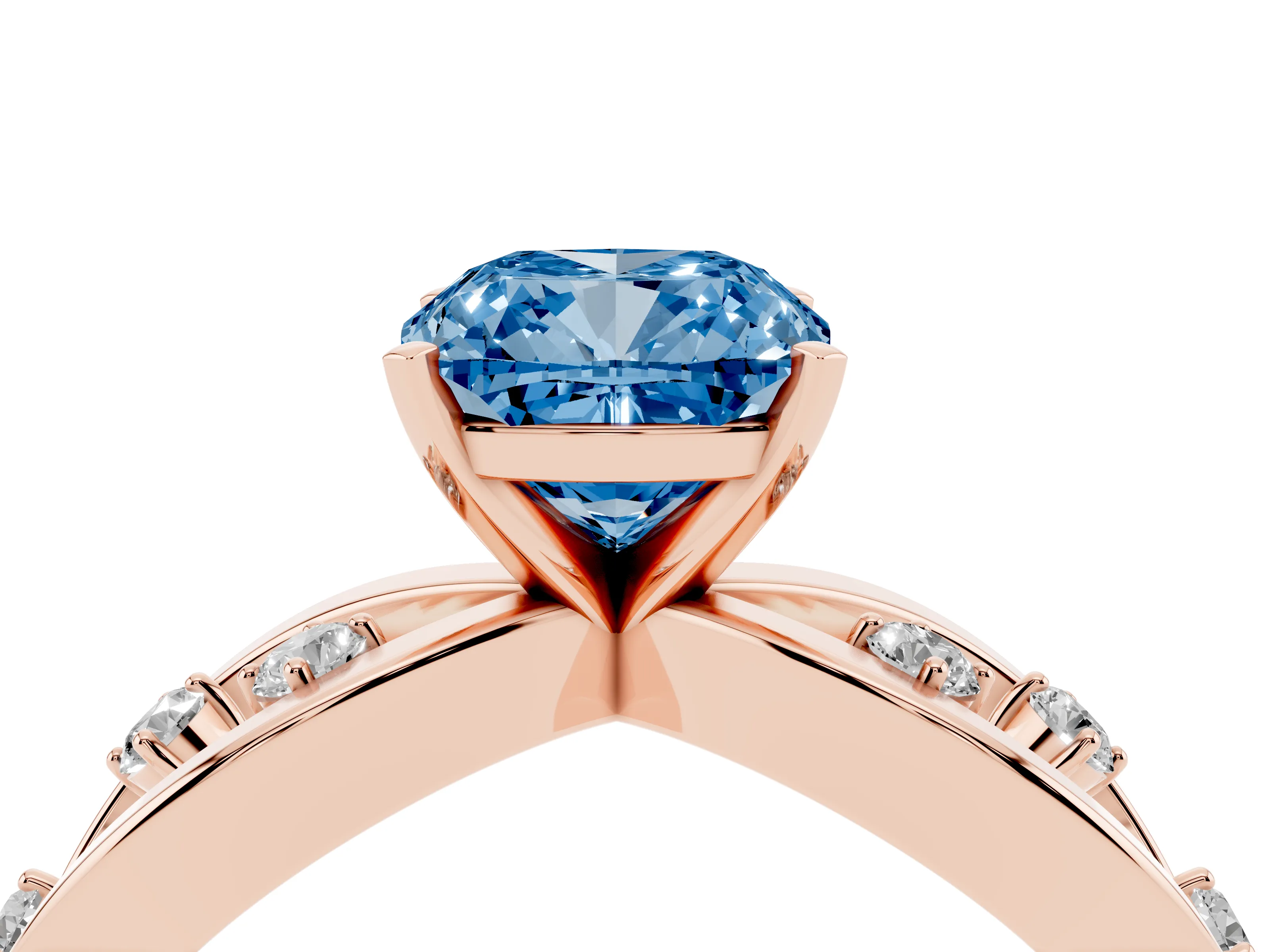 Fancy Blue Cushion Cut Diamond Solitaire Ring Set in Rose gold with Side Stones on Criss-Cross Band and Prong Setting