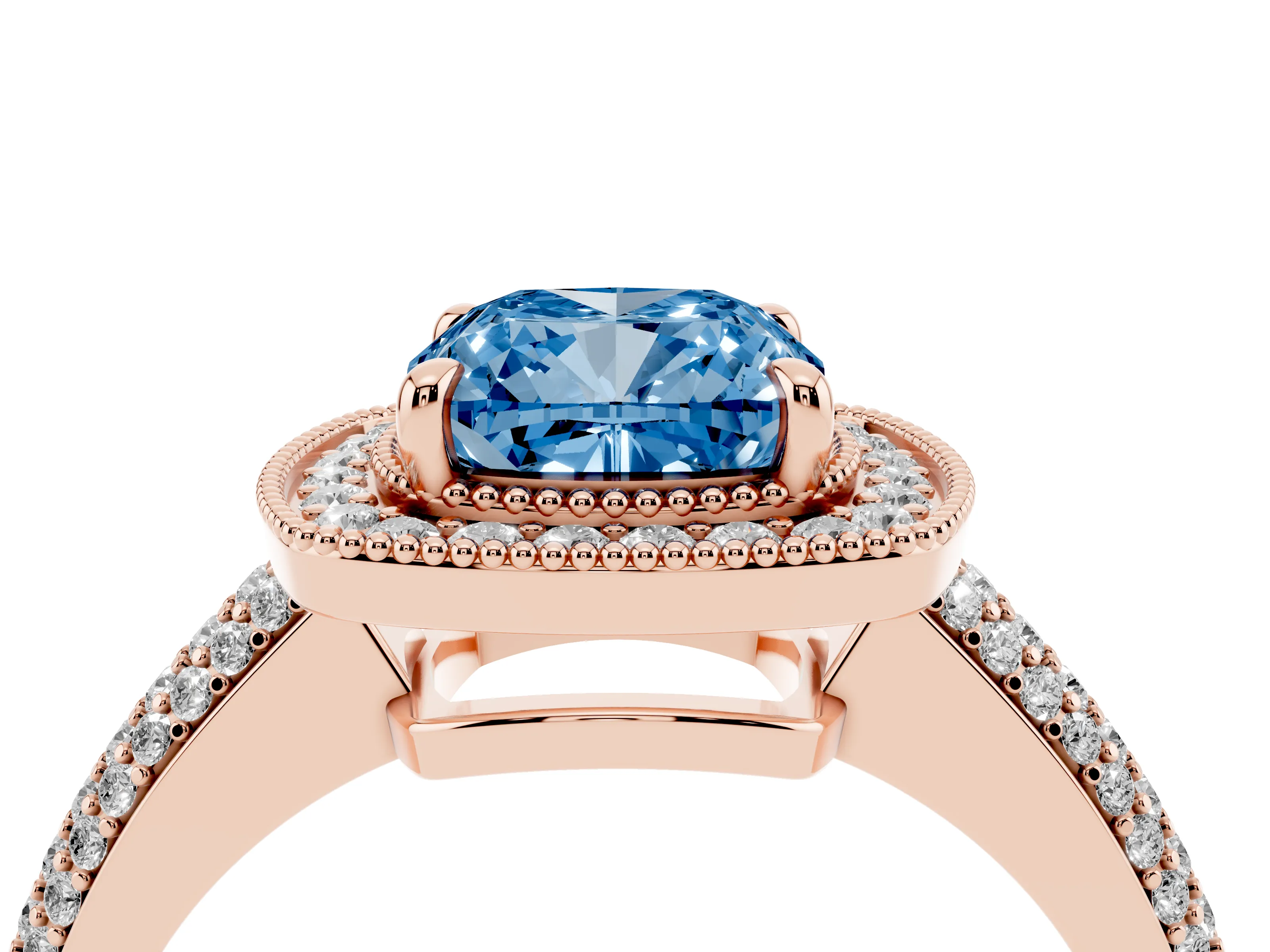 Fancy Blue Cushion Cut Diamond Halo Pavé Band Set in Rose gold with Prong Setting
