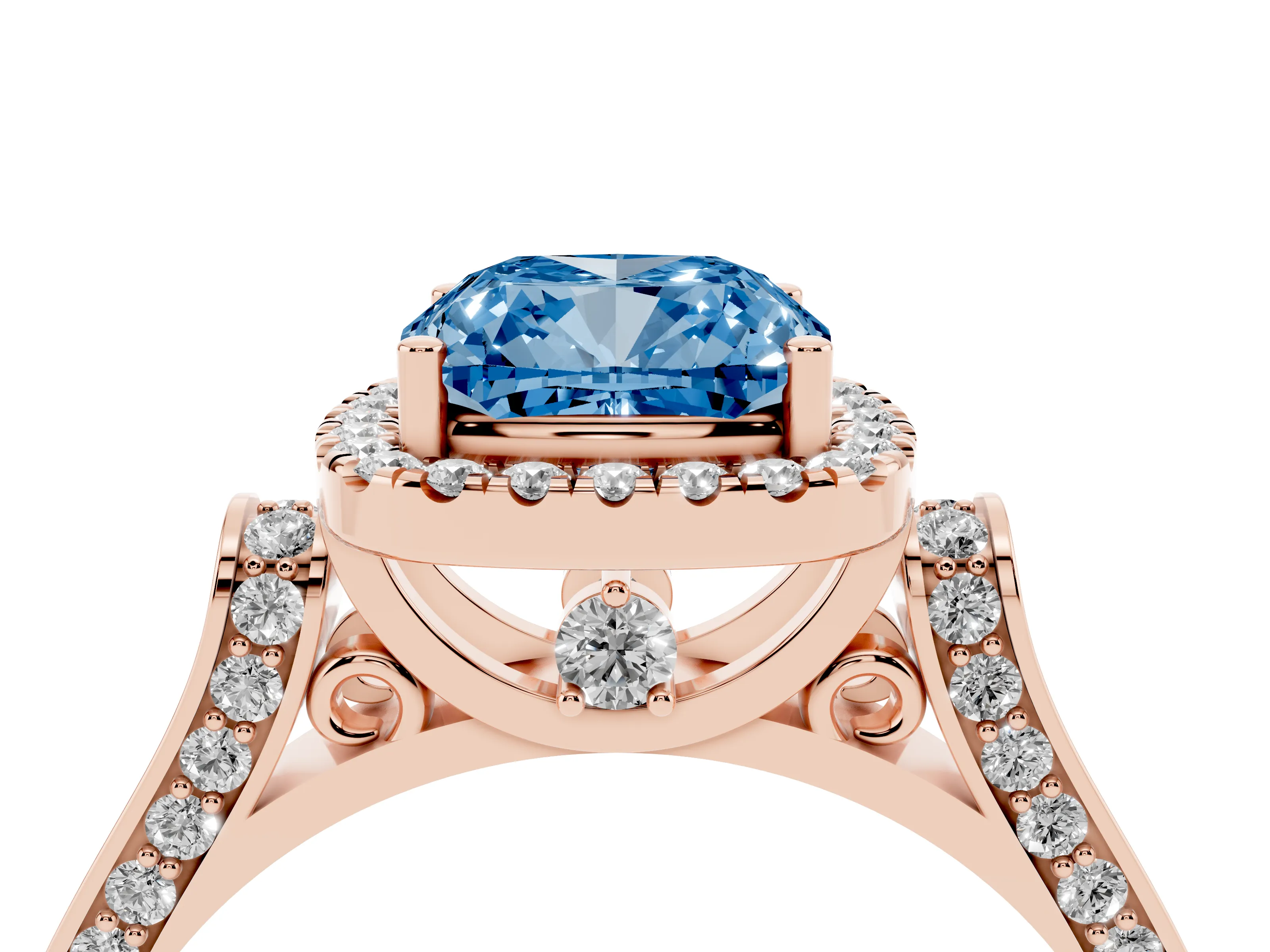 Fancy Blue Cushion Cut Diamond Halo Ring Set in Rose gold with Pavé-Lined Split Shank Band