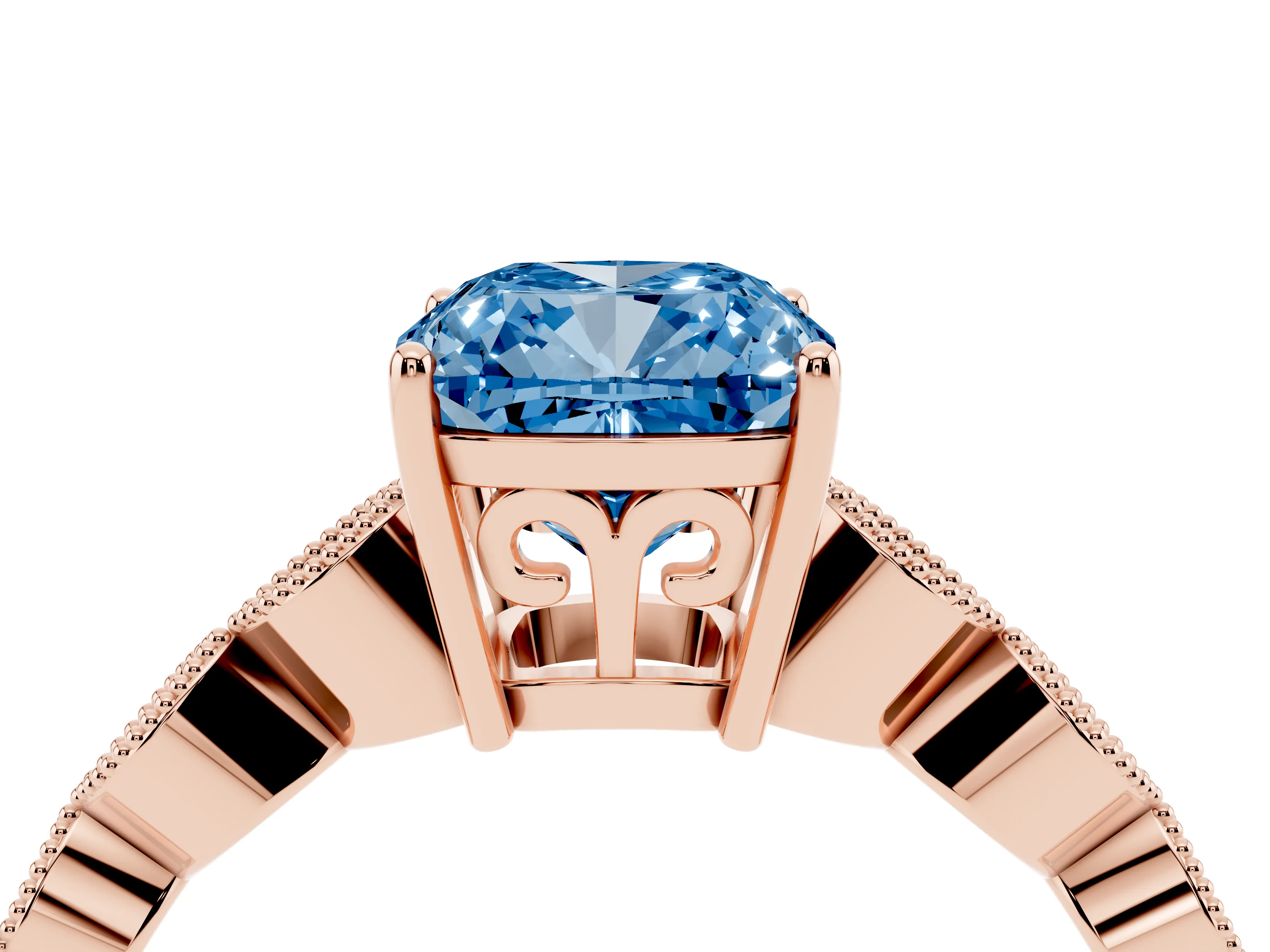 Fancy Blue Cushion Cut Diamond Solitaire Ring Set in Rose gold with Infinity Twist Pavé Band