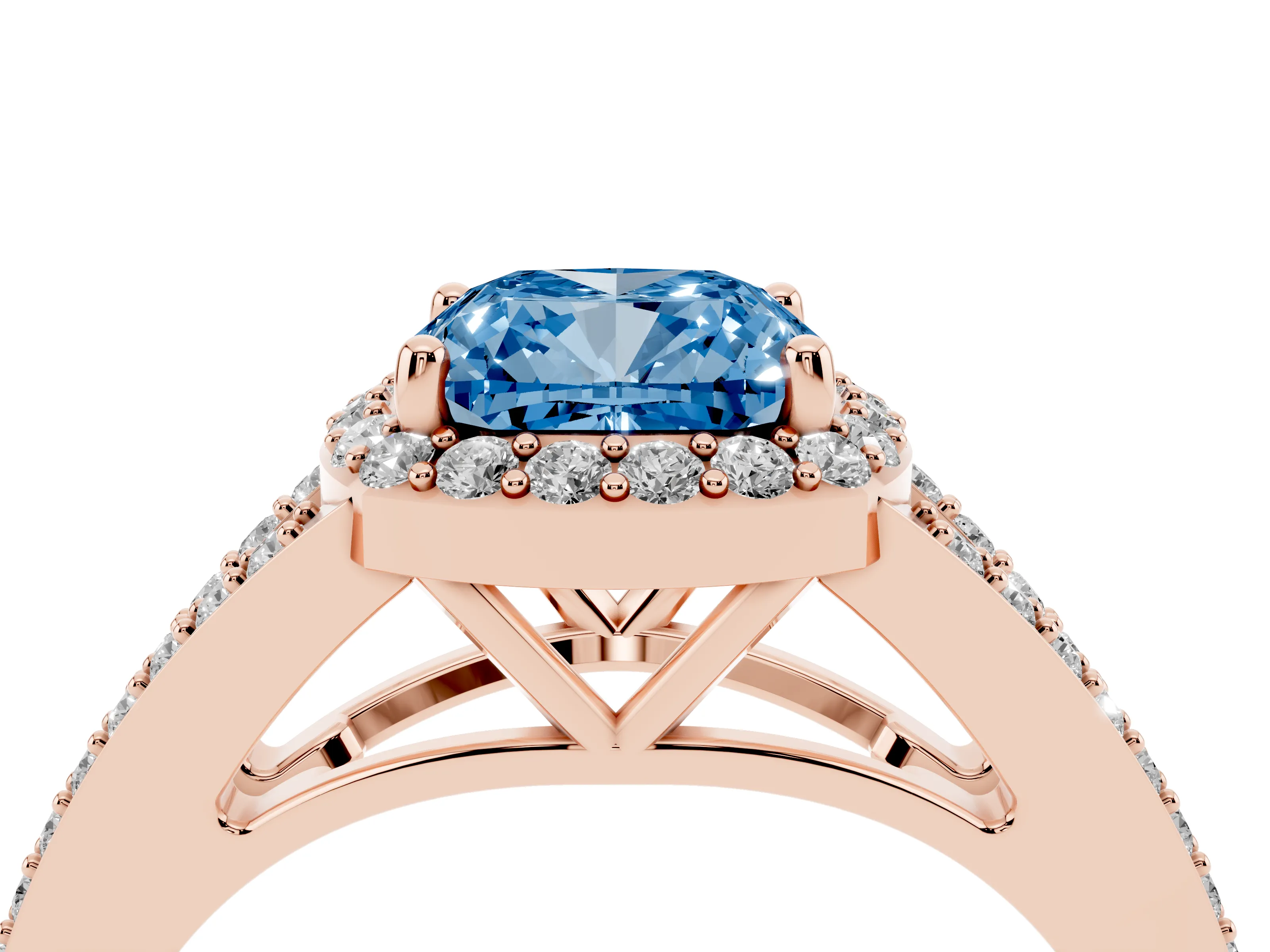 Fancy Blue Cushion Cut Diamond Halo Split Shank Ring Set in Rose gold with Accent Stones and Prong Setting