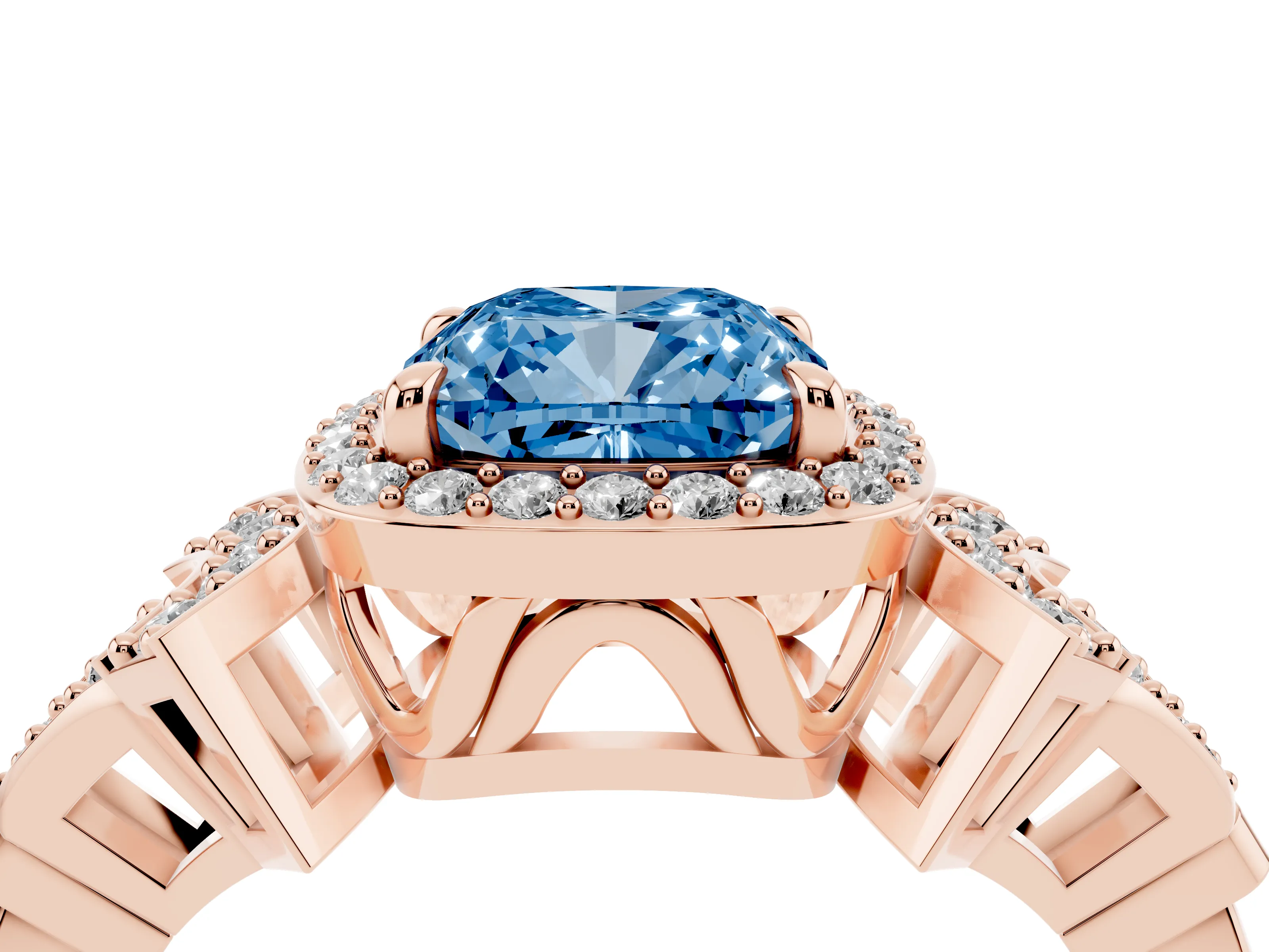 Fancy Blue Cushion Cut Diamond Halo Engagement Ring Set in Rose gold with Accent Stone Split Shank