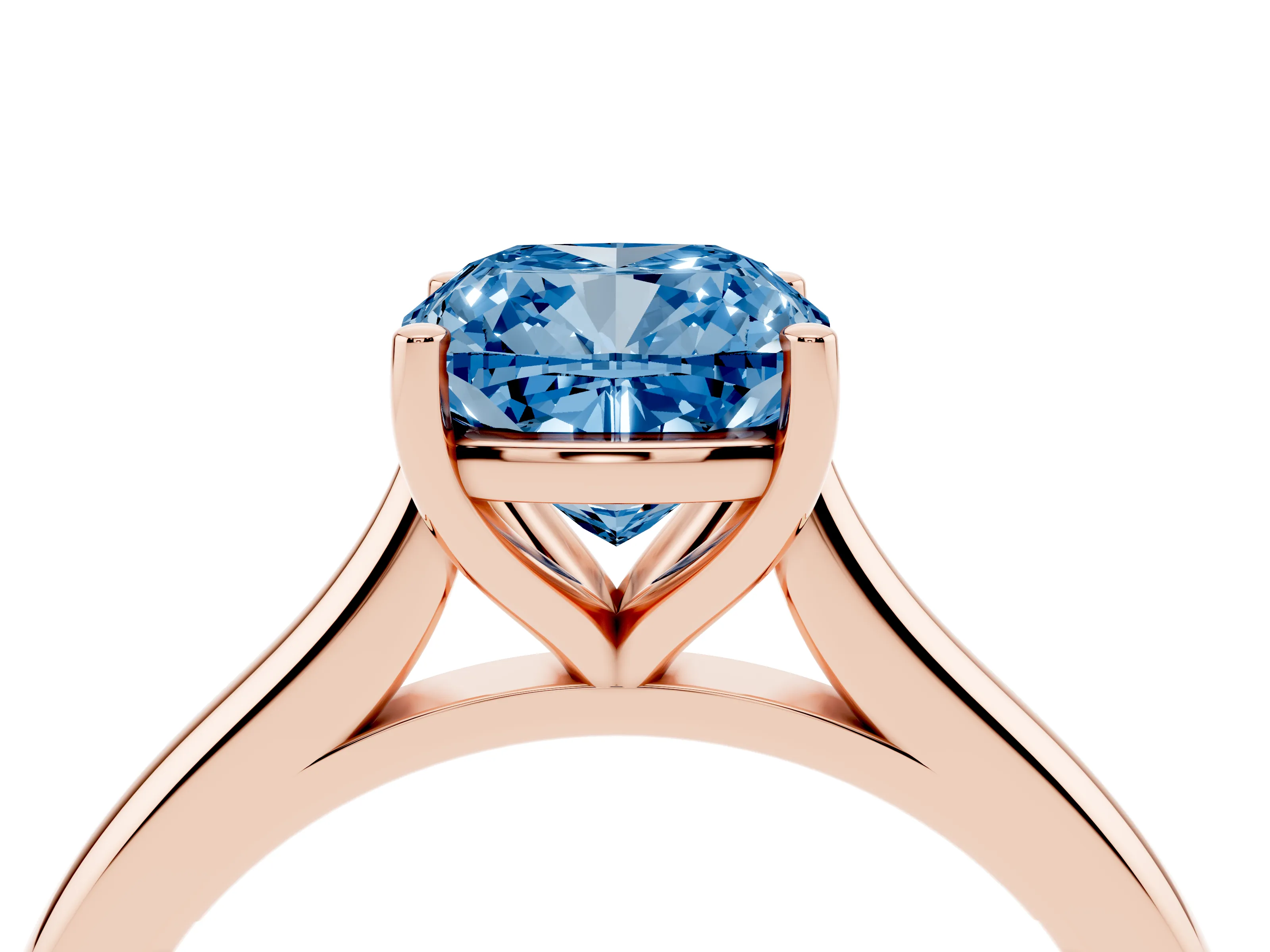 Fancy Blue Cushion Cut Diamond Solitaire Ring Set in Rose gold with Cathedral Band and Prong Setting