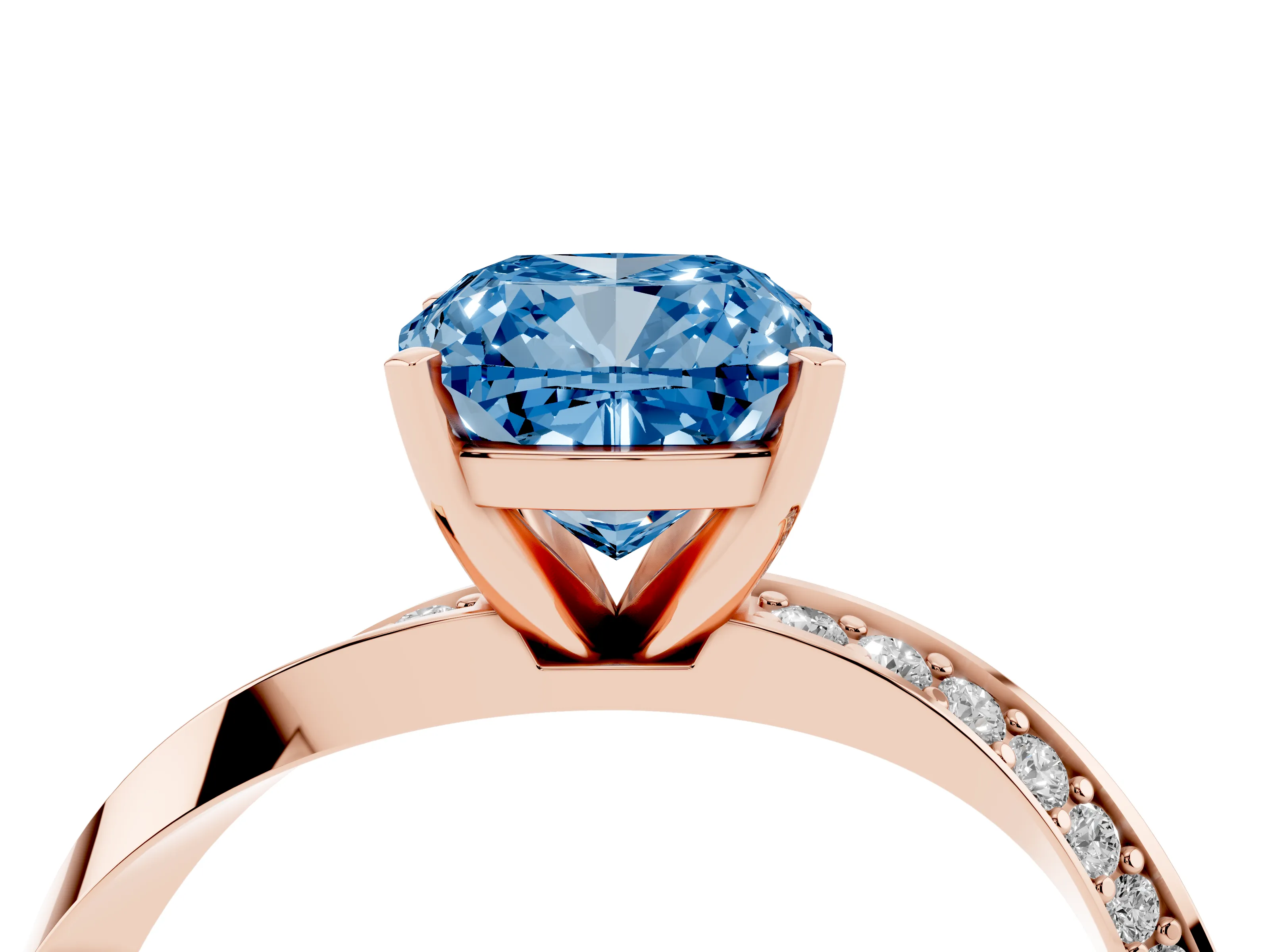 Fancy Blue Cushion Cut Diamond Engagement Ring Set in Rose gold with Side Stone Accents and Prong Setting