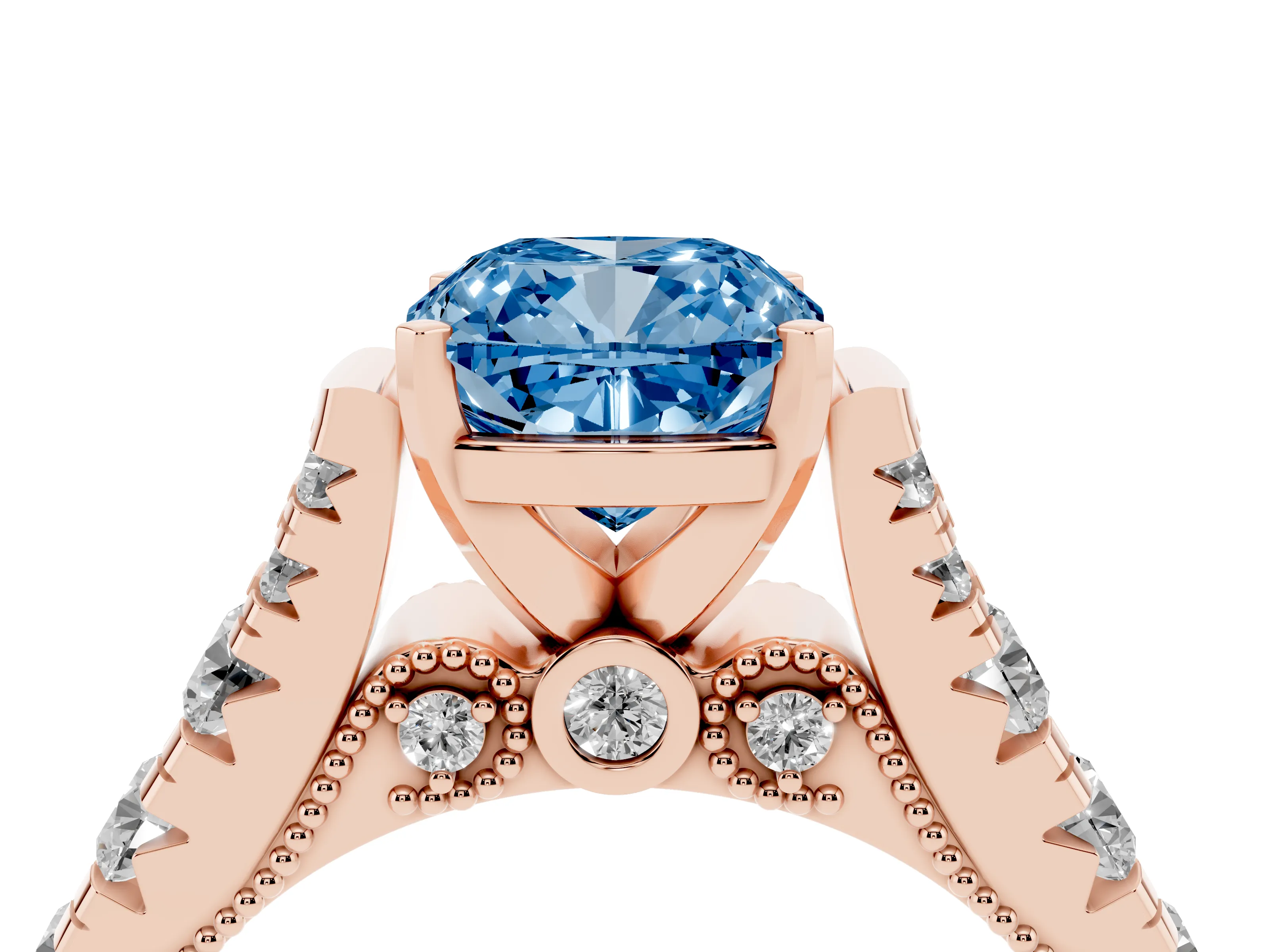 Fancy Blue Cushion Cut Diamond Classic Solitaire Ring Set in Rose gold with Pavé Band and Prong Setting