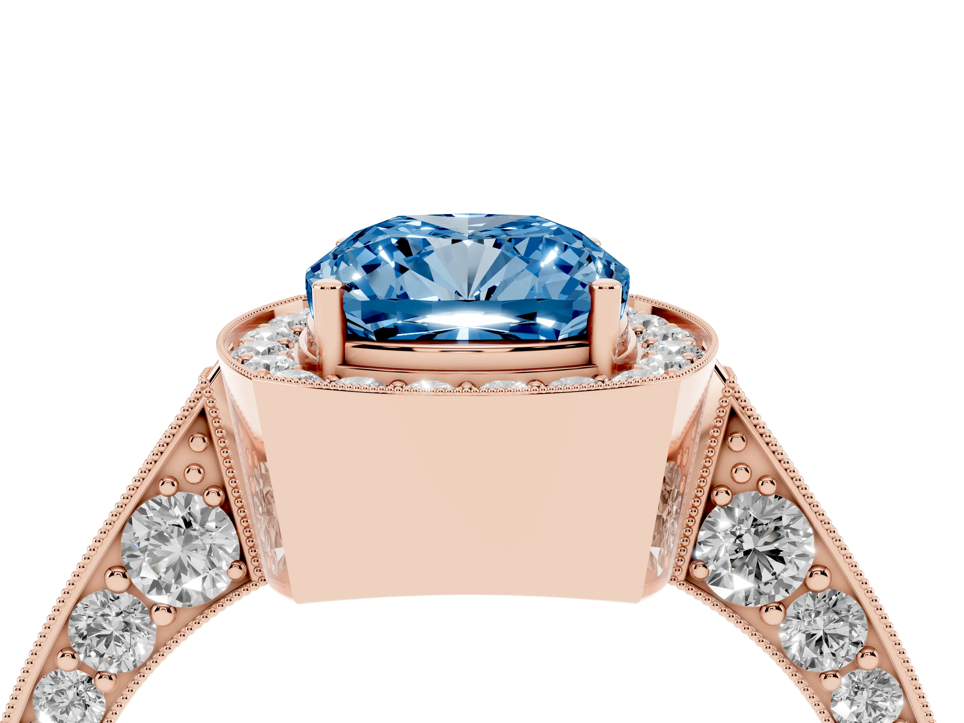 Fancy Blue Cushion Cut Diamond Halo Engagement Ring Set in Rose gold with Accent Split Shank Band