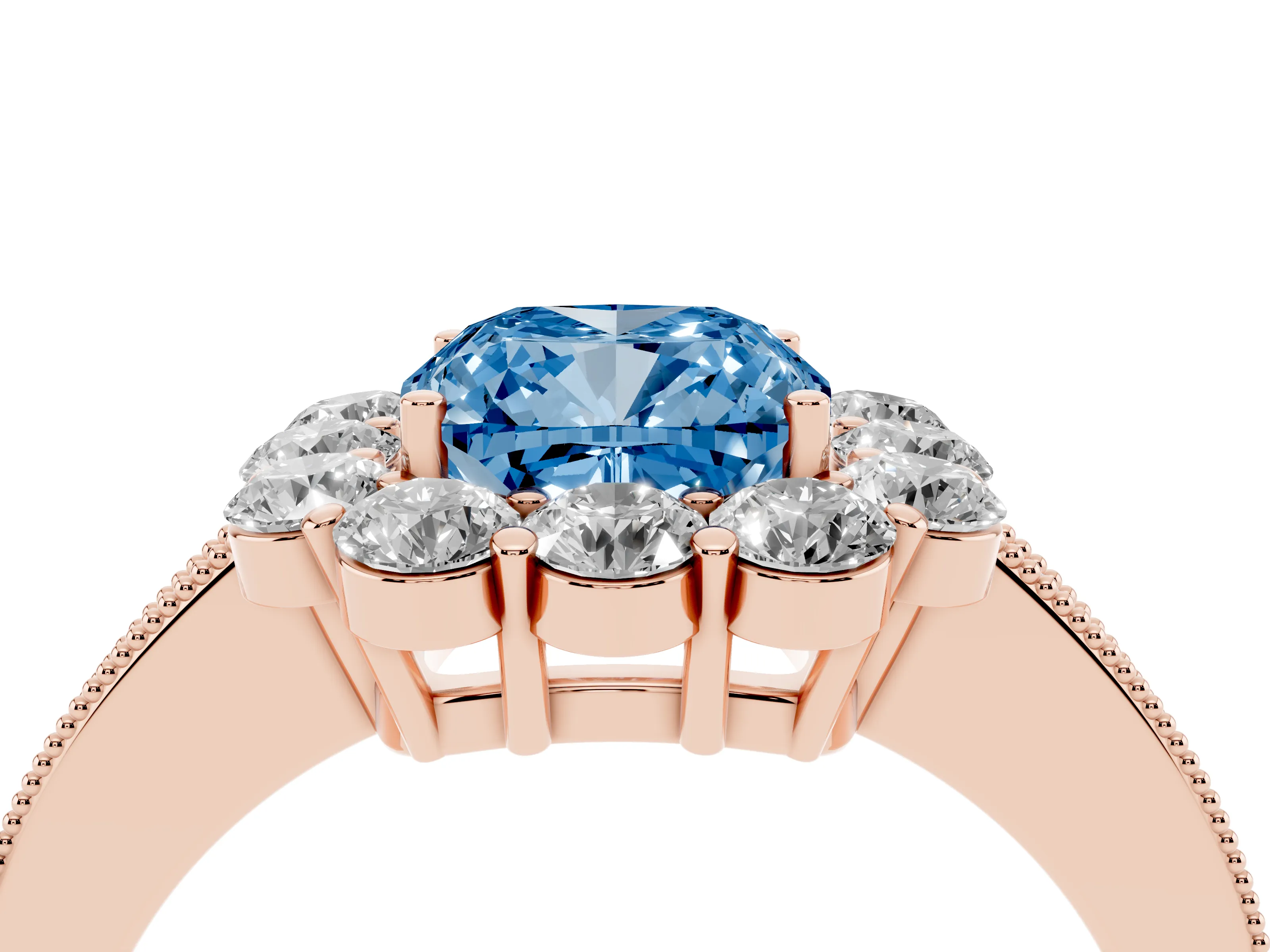 Fancy Blue Cushion Cut Diamond Halo Pavé Engagement Ring Set in Rose gold with Milgrain Detailing