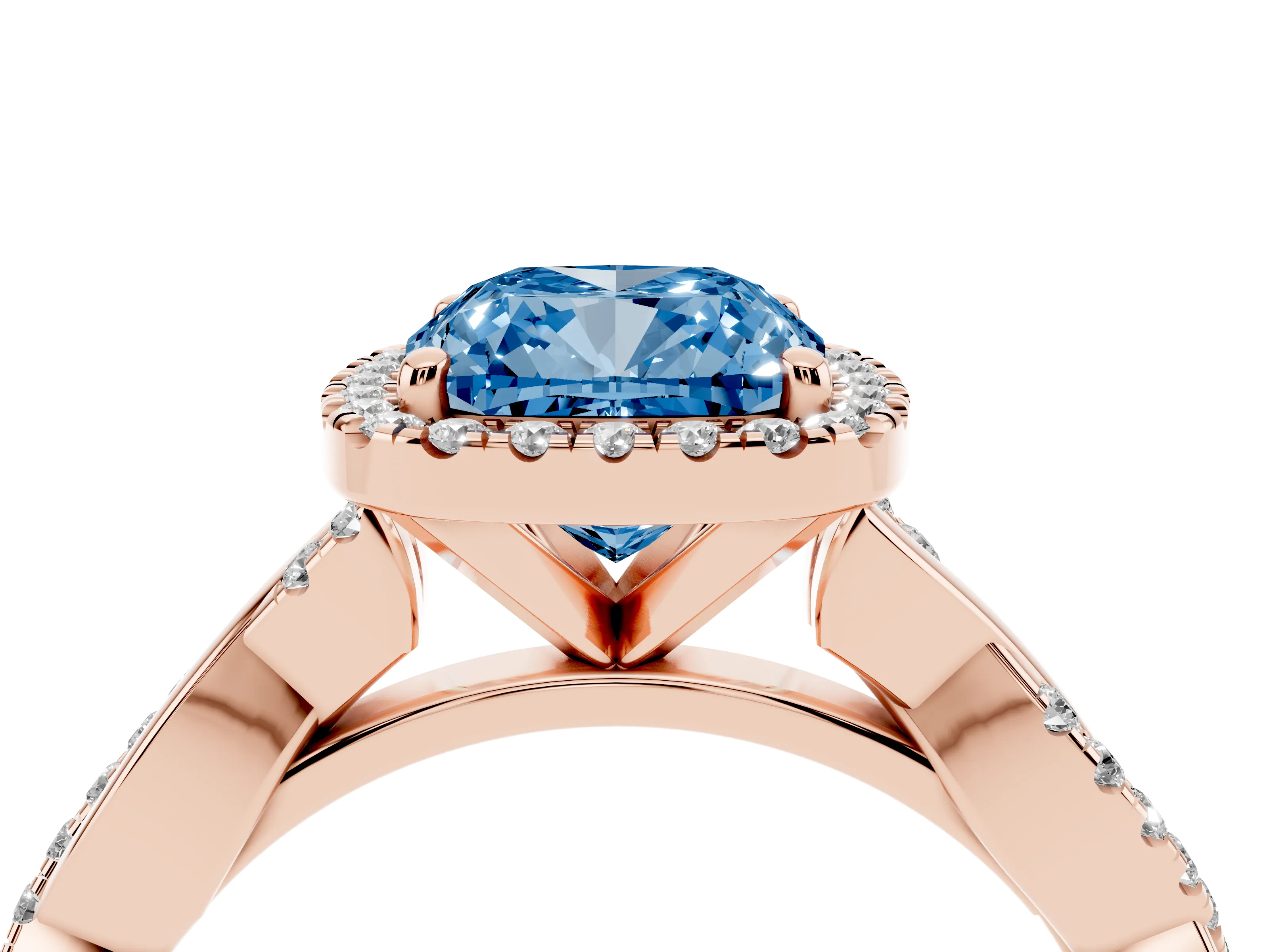 Fancy Blue Cushion Cut Diamond Halo Twisted Band Ring Set in Rose gold with Prong Setting