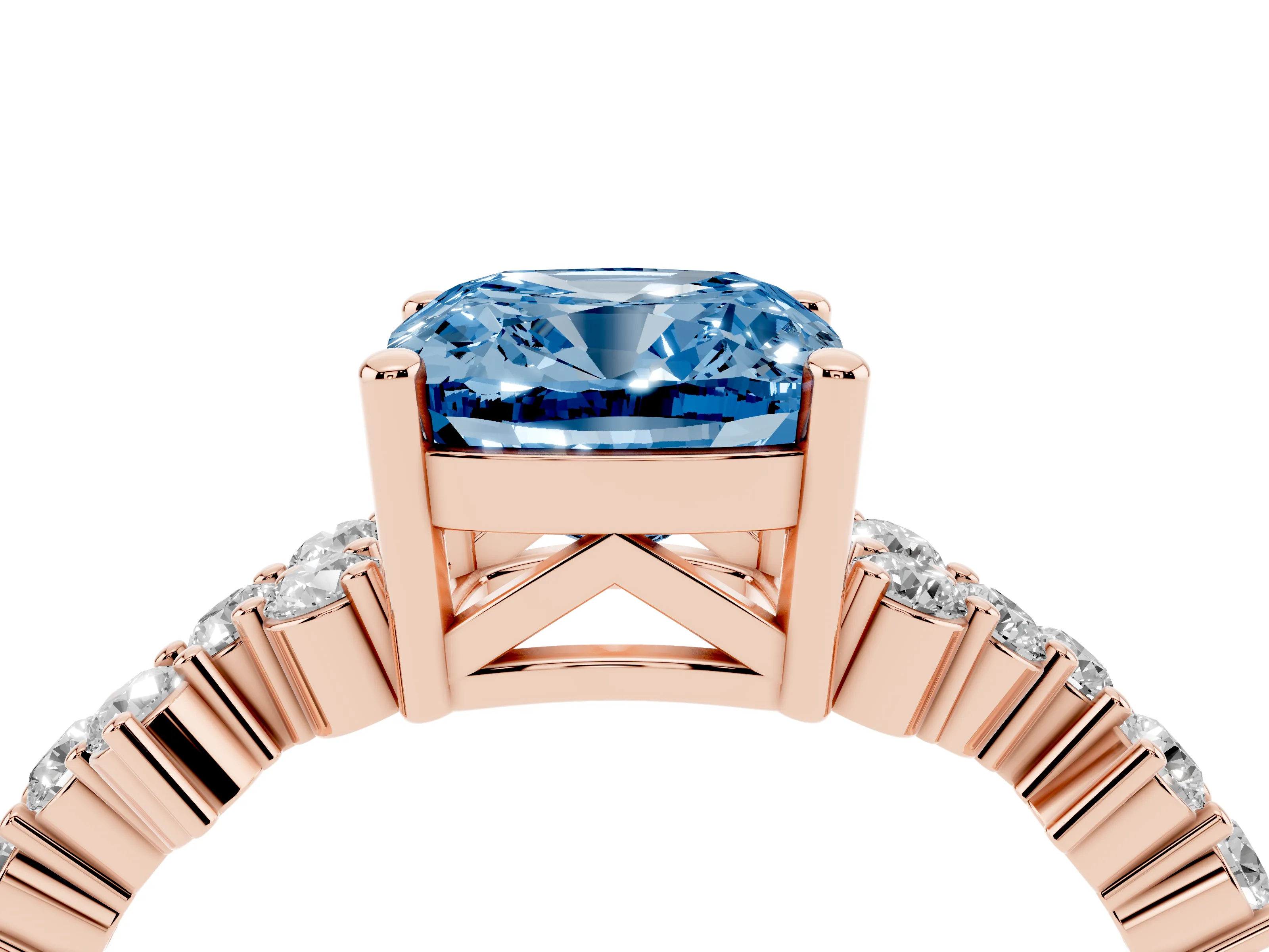 Fancy Blue Cushion Cut Diamond Ring Set in Rose gold with Scattered Round Accents