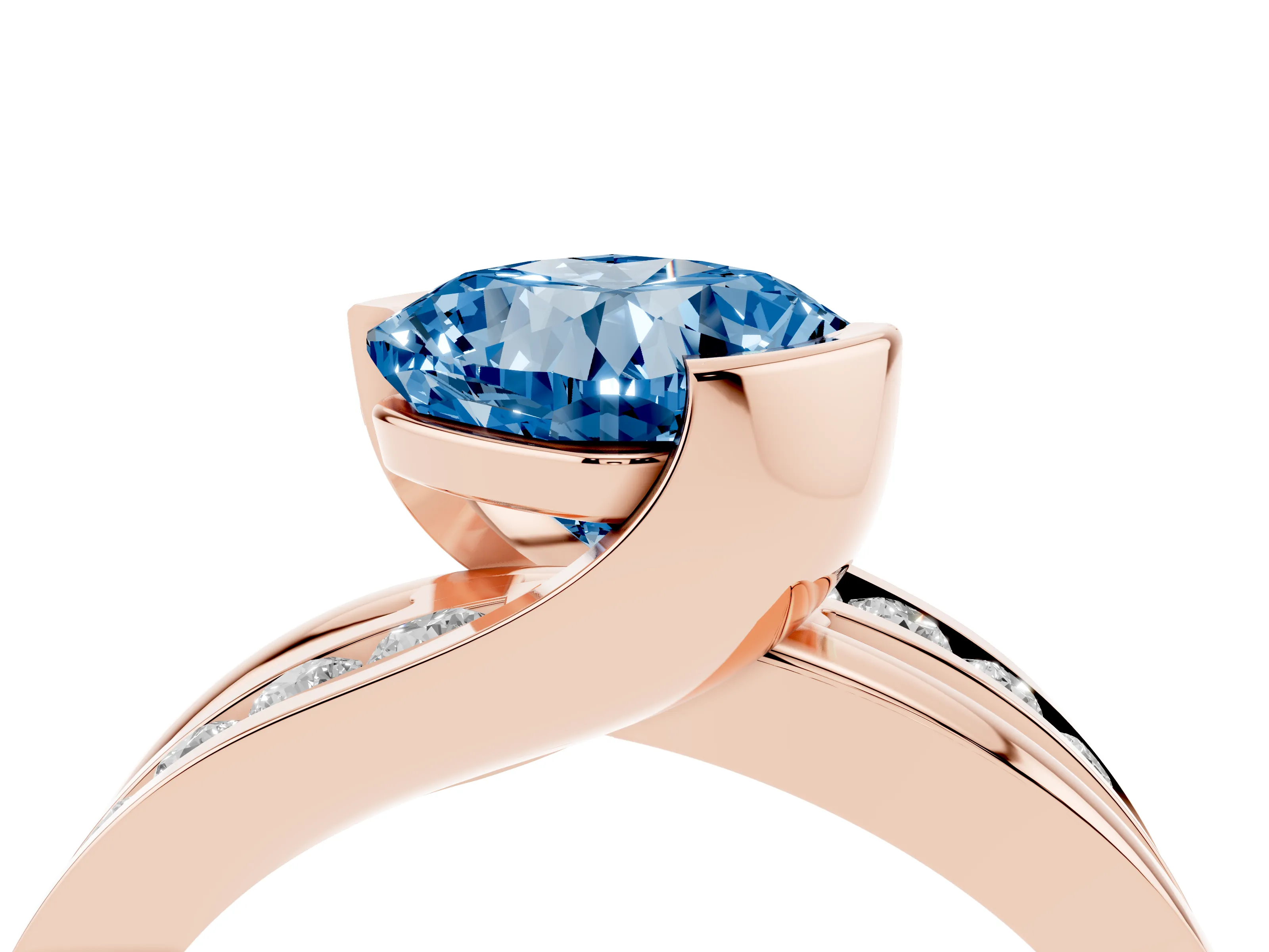 Fancy Blue Cushion Cut Diamond Solitaire Ring Set in Rose gold with Channel Set Split Shank and Tension Prongs